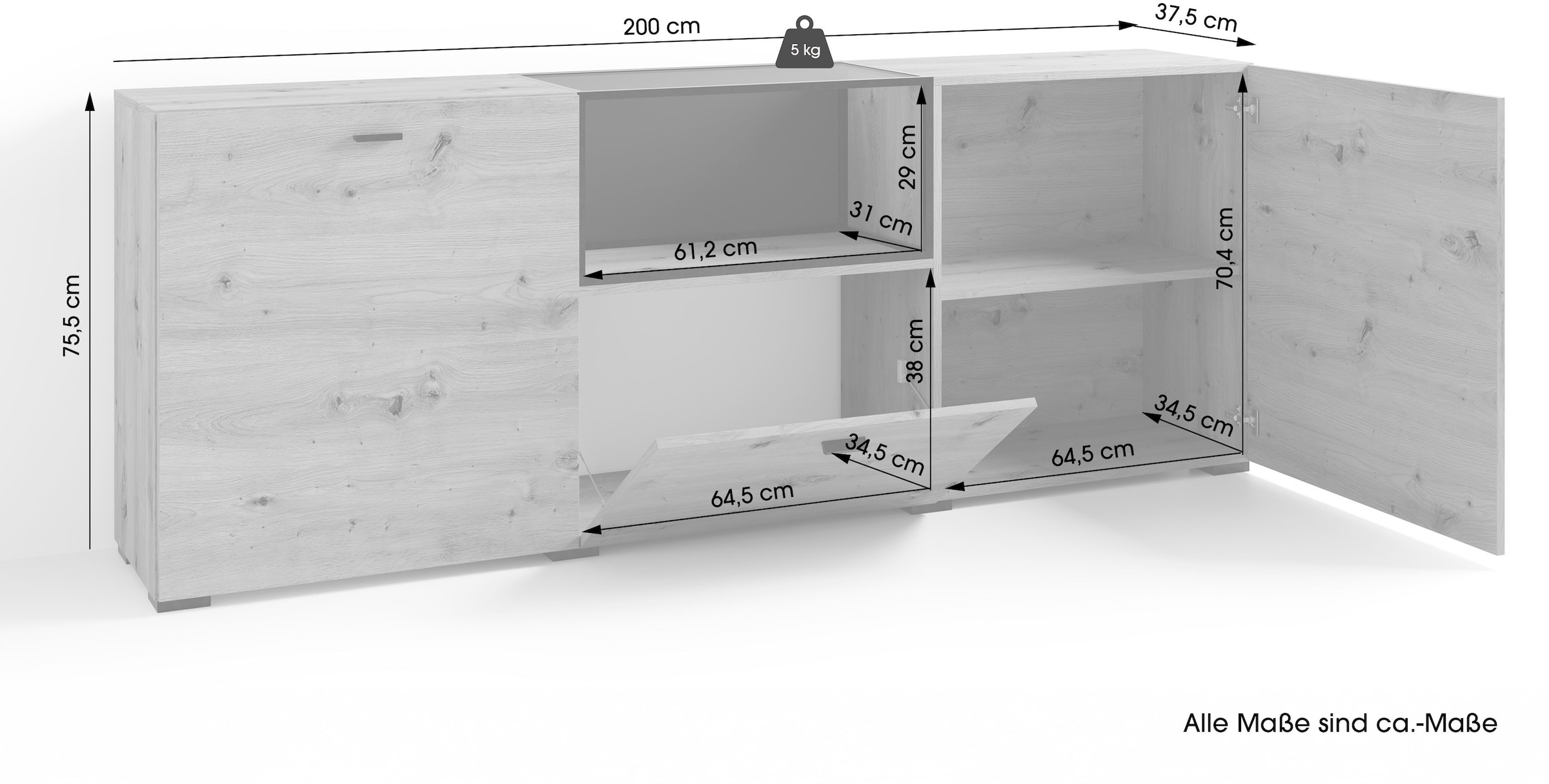 byLIVING Sideboard »Frame« 1 cuis tlg. moderne Kommode mit Metalleinsatz und Glasplatte, 200cm breit.