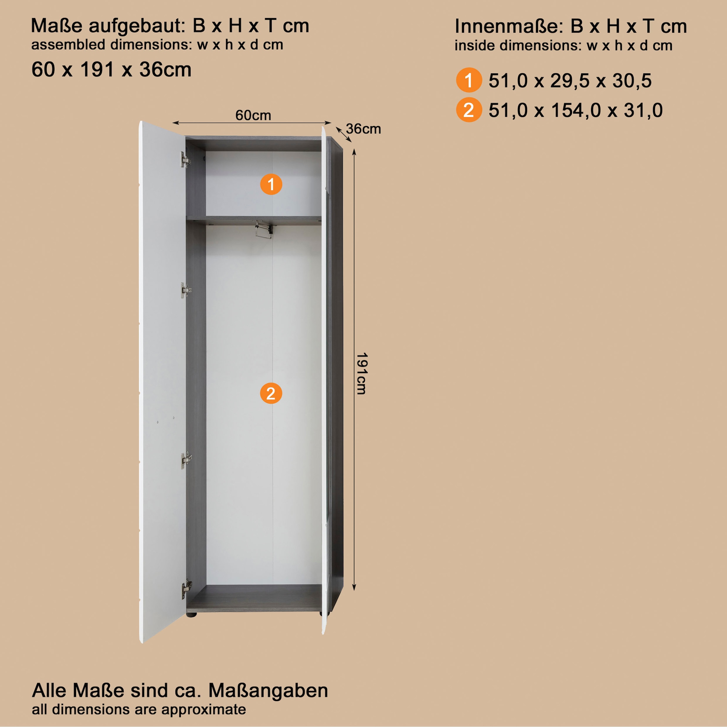 Home affaire Garderobenschrank »Sovana« Garderobenschrank mit 2 Türen & Spiegel - (B/T/H) 60/36/191 cm