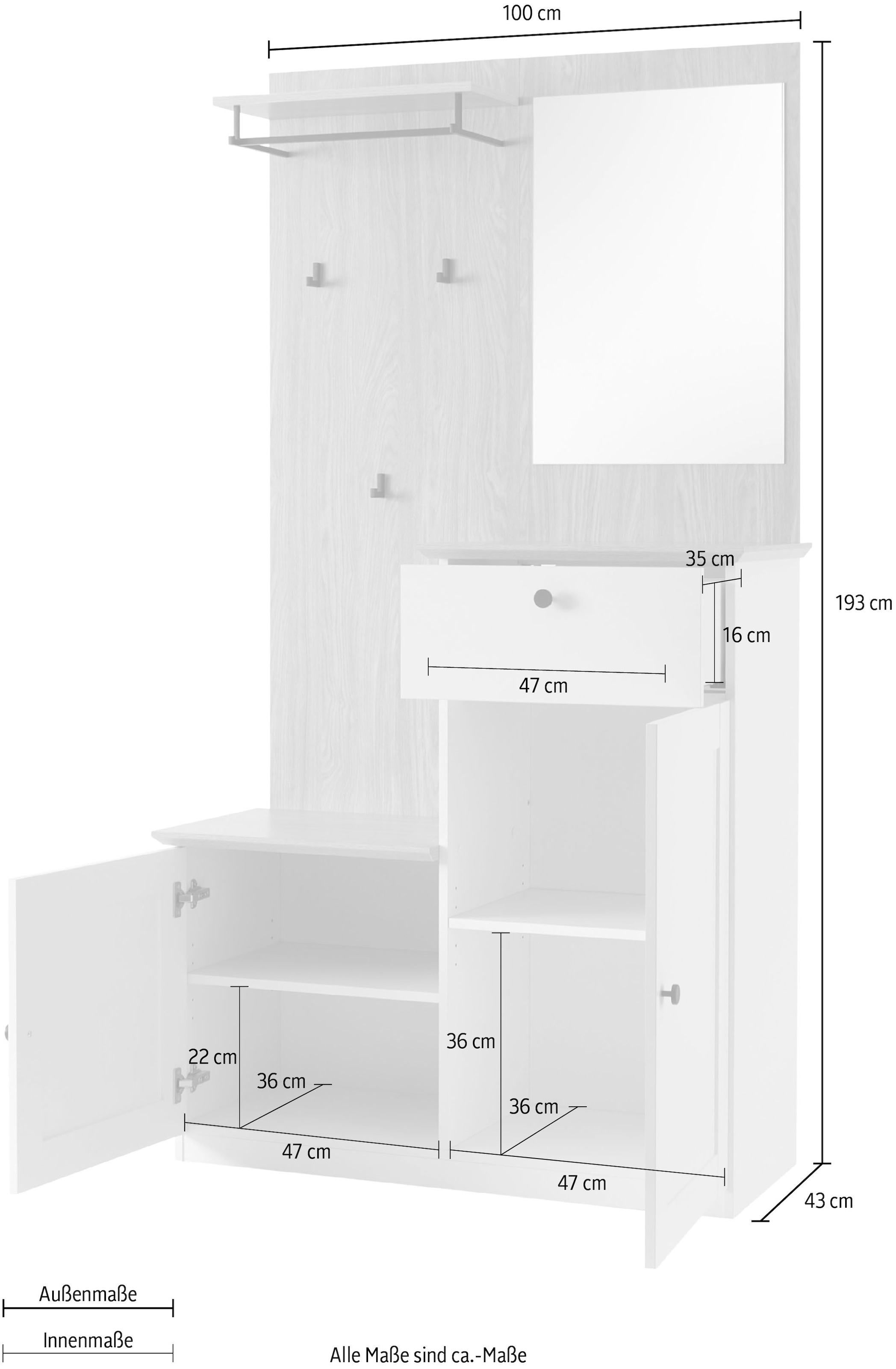 GOODproduct Vestiaire compact »Brest, Garderobe im Landhausstil, Flurgarderobe, Dielenschrank« Poignées en métal noir, beaucoup d'espace de rangement, adapté aux petits espaces