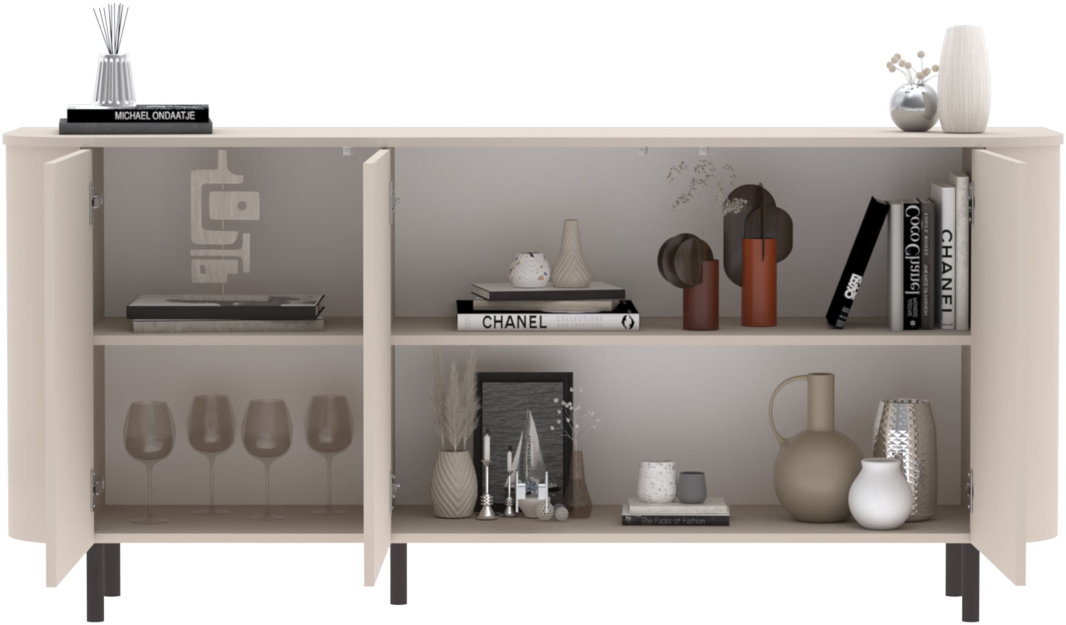 GOODproduct Sideboard »Lido, 181 cm breit, 3 Türen, Anrichte, Kommode, Stauraumschrank« Formgebogenes MDF, Stirnseiten mit Rundung, Push-to-open, Metallfüsse