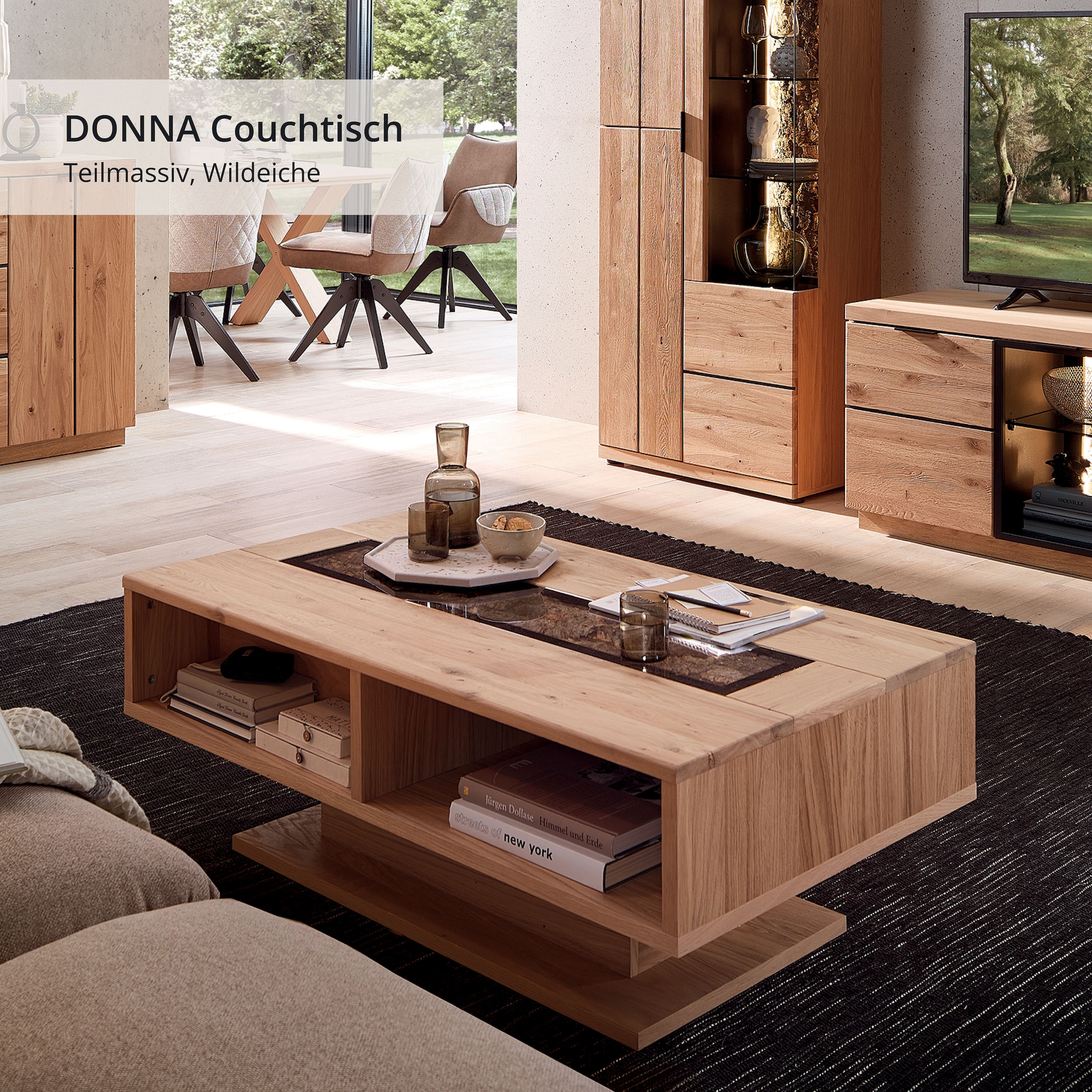 Wohnconcept Table basse »Donna Couchtisch, 115x43x65 (BxHxT)« 1 cuis tlg. Massivholz, Absetzung Echtkork gerundet, 4 offene Fächer