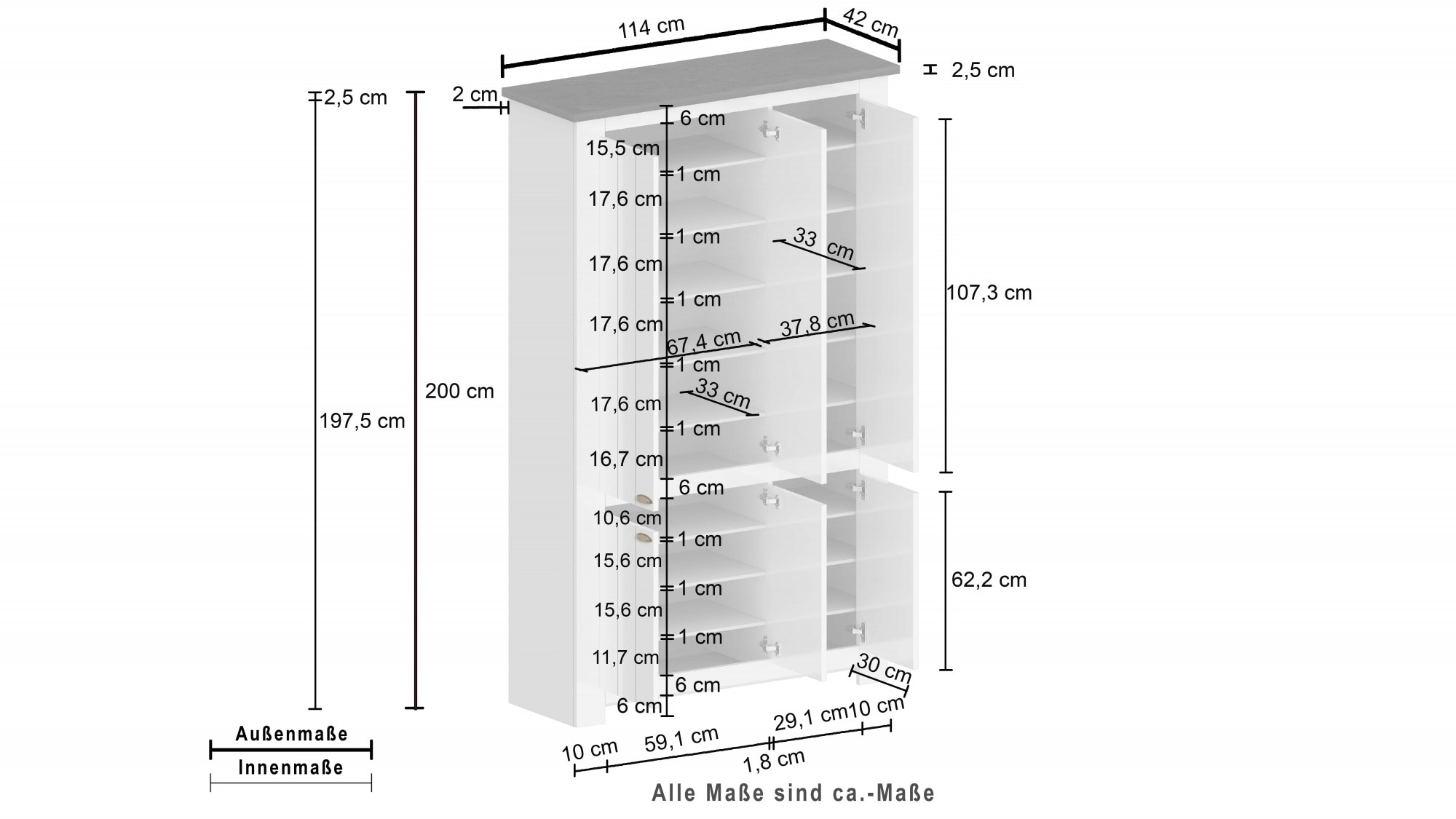 Home affaire Schuhschrank »FIGO, Made in Italy – Schuhkommode,Schuhregal für ca. 60 Paar Schuhe« 1 Stk. tlg. 6-Türig, Siebdruck-dekorative Fräsungen, 20 Fächer, Höhe: 60 cm