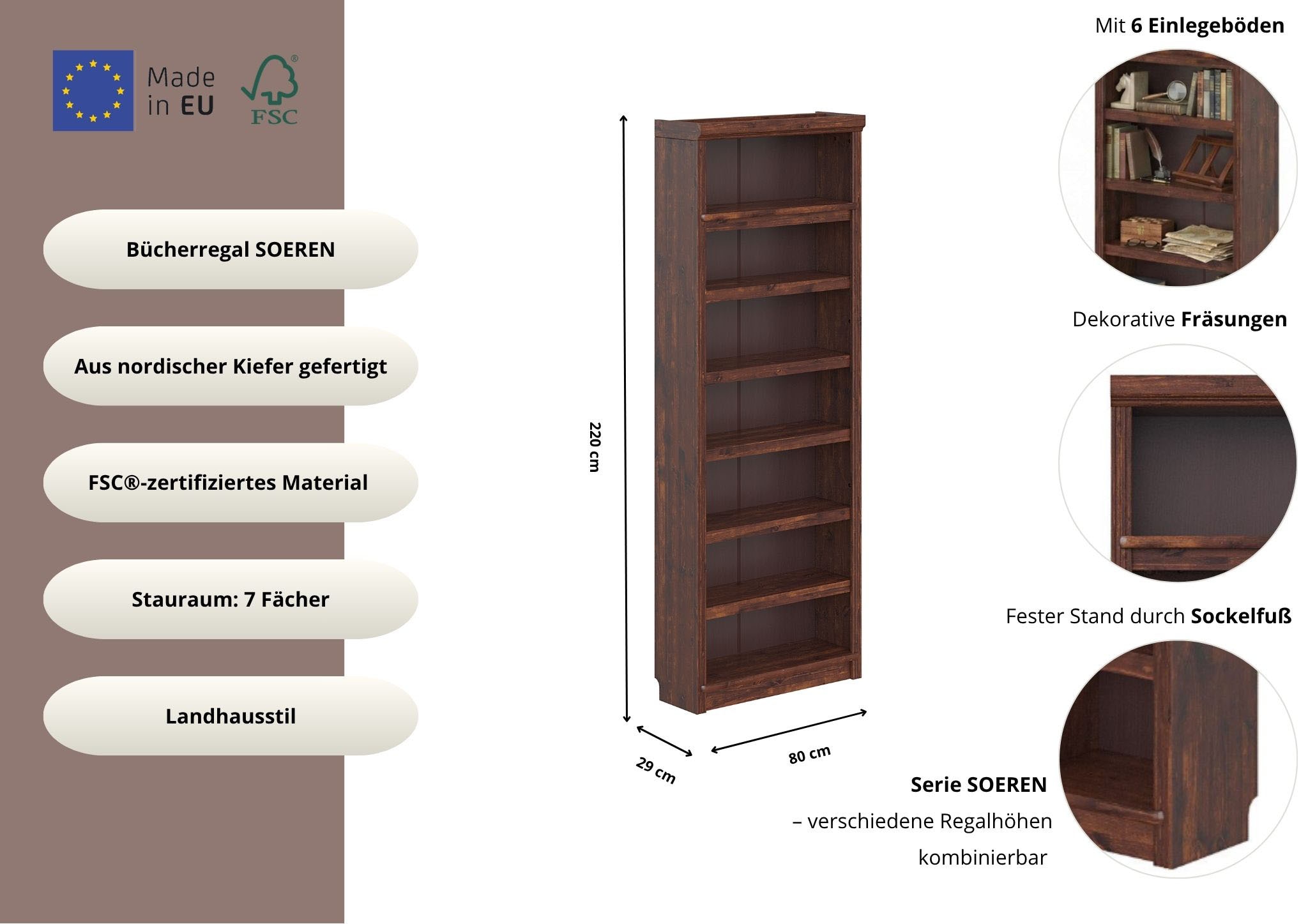 GOODproduct Bücherregal »Soeren Regal B/T/H: 80/29/220 cm« 7 offene Fächer, massive Kiefer, FSC®-zertifiziert