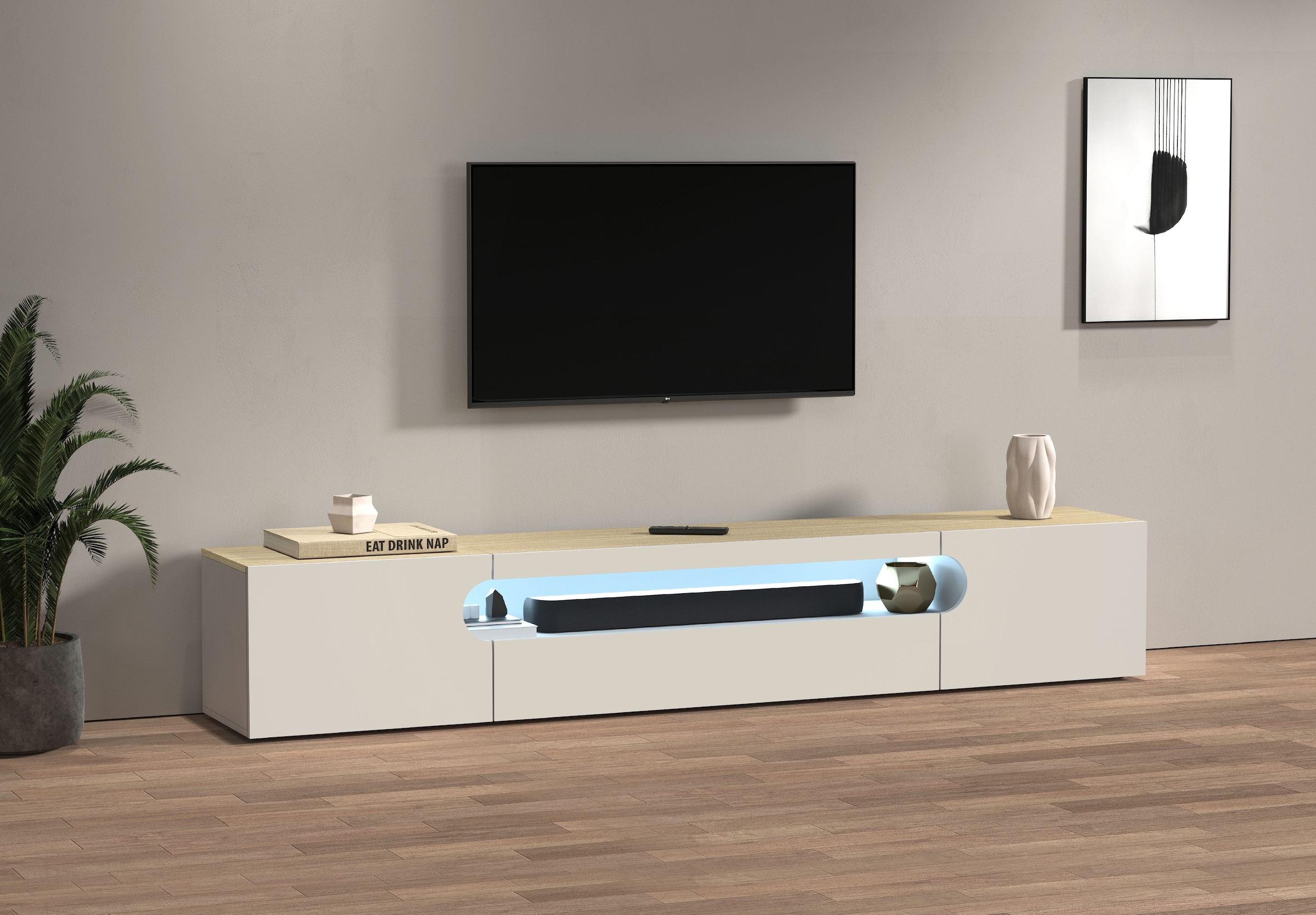 INOSIGN Table basse »REAL TV-Möbel, 240 cm breit, 40/60 cm hoch, Hochglanz oder matt« mit 2 abgerundeten Türen, 1 Klappe, die ein ovales offenes Fach bilden