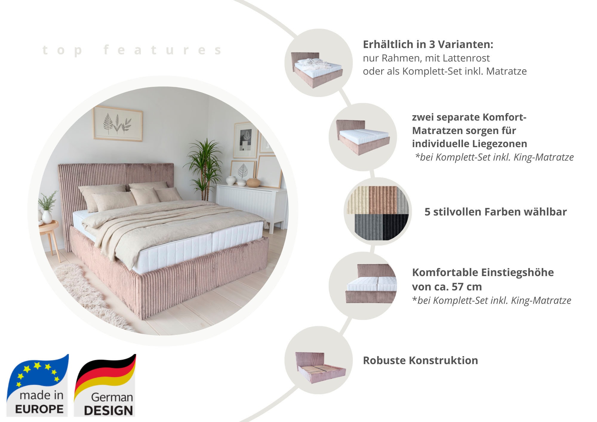 GOODproduct Polsterbett »AVVRA in der Grösse 180x200 cm, mit flauschigen Breitcord bezogen« wahlweise mit Lattenrost und King-Matratze (28cm)