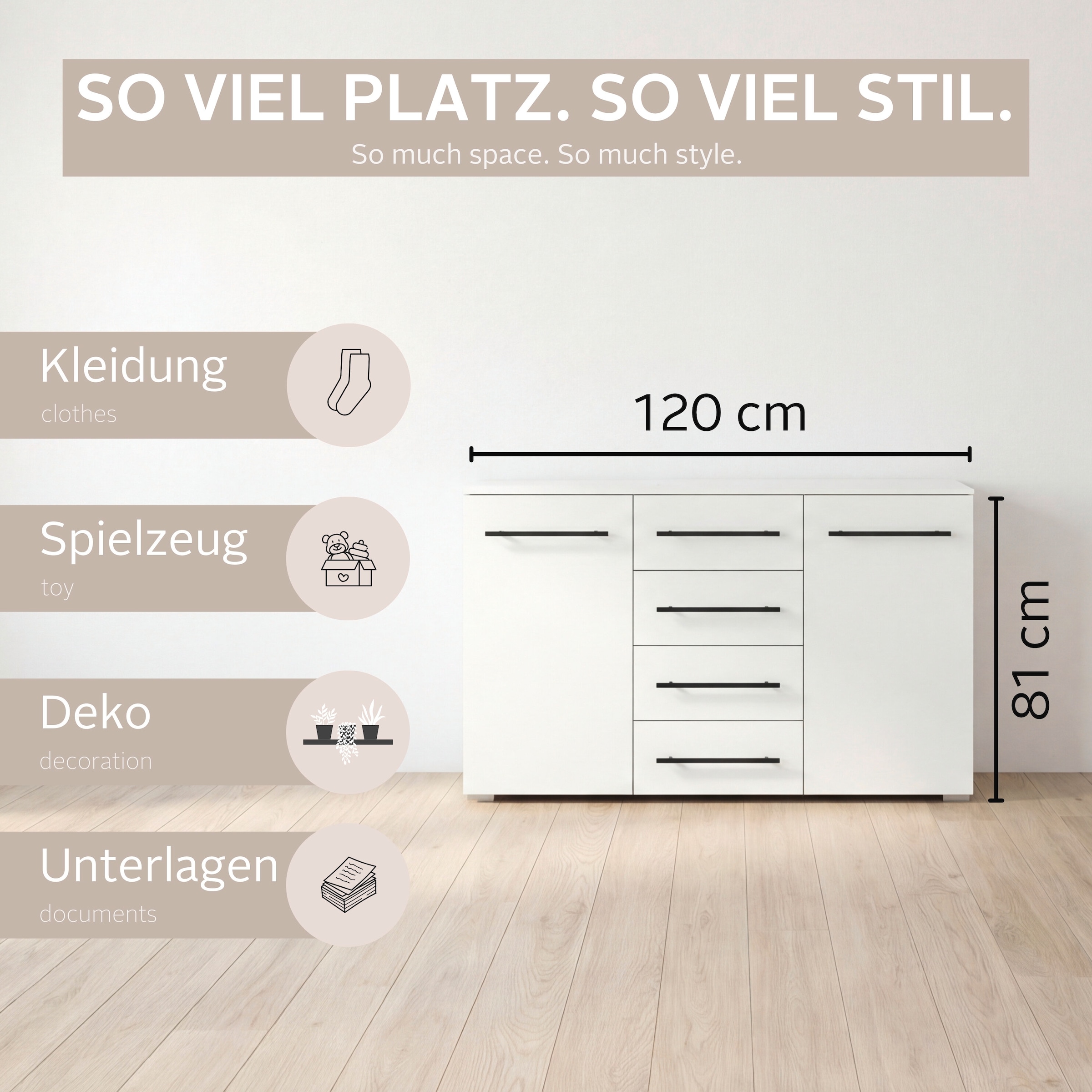 GOODproduct Kombikommode »Sideboard Türkommode Schubladenkommode Kommode RONDO« Breite 120 / Höhe 81 cm, 4 Einlegeböden,  mit 4 geräumigen Schubladen Metallgriff in Schwarz MADE IN GERMANY