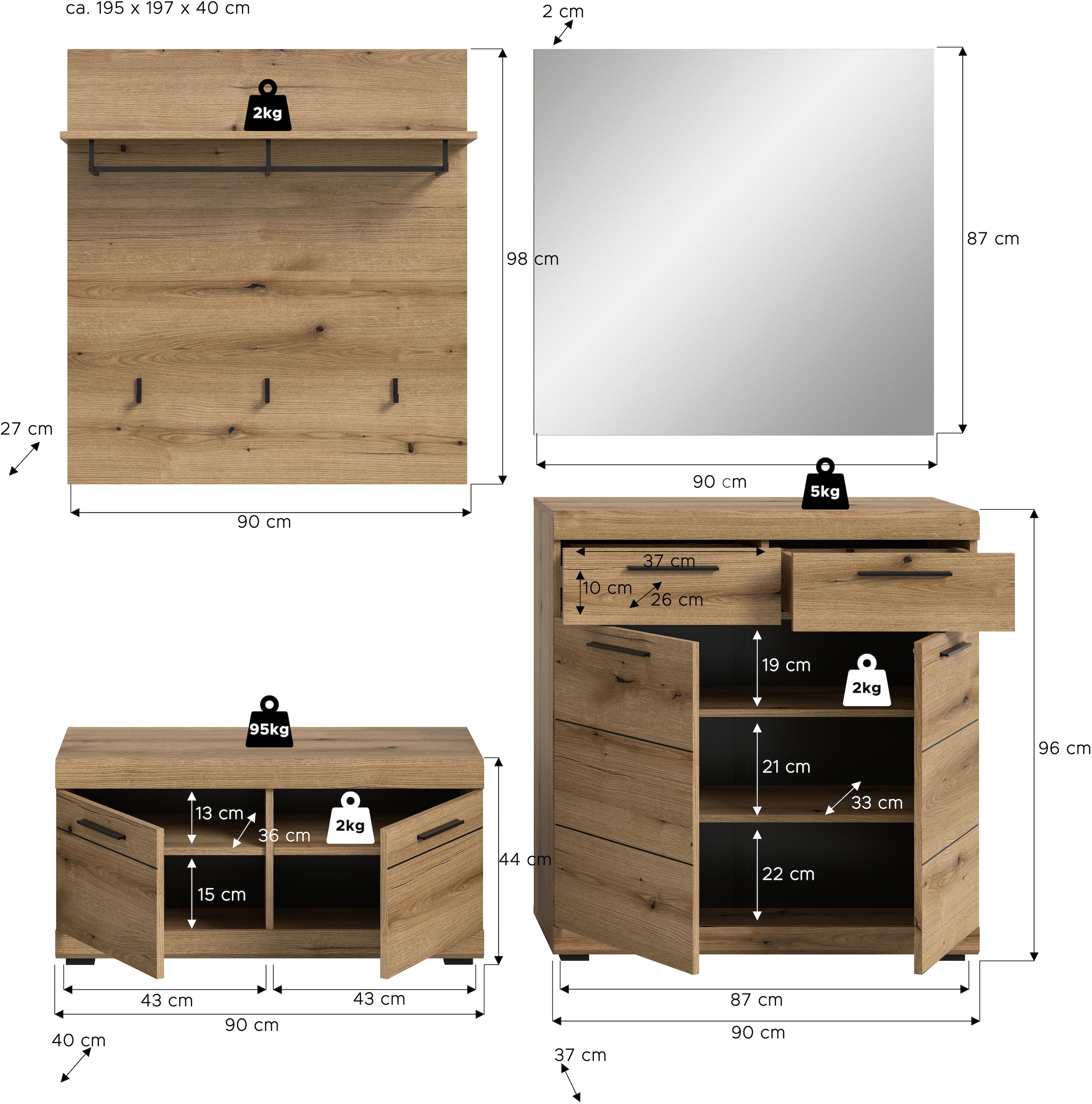 Home affaire Garderoben-Set »Siena, Fronten mit hochwertiger Rillenfräsung, 4-teilig,bestehend aus:« Komplett-Set, bestehend aus: Sitzbank, Garderobenpaneel, Schuhschrank und Spiegel, 4 Stk. tlg.