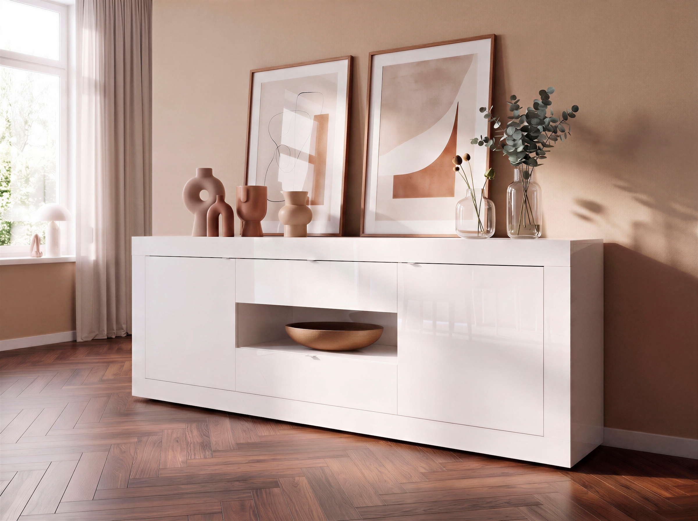 Home affaire Buffet »Basic Breite 240 cm, Kommode 2 Türen, 2 Schubkästen, Anrichte,« laque blanche brillante, poignée métal, look cadre moderne, beaucoup de rangement