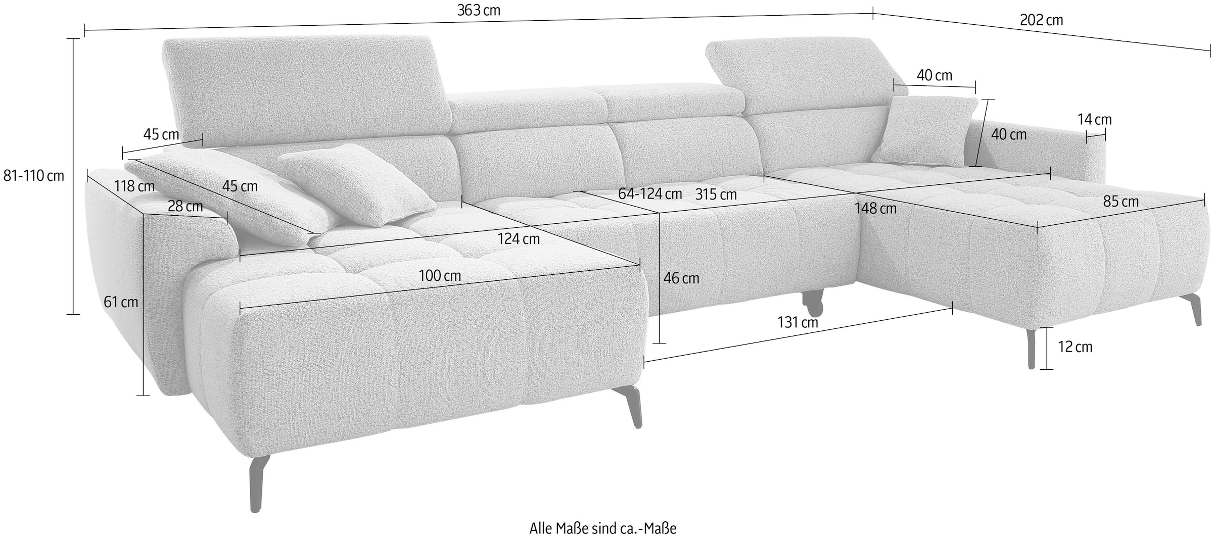 Jockenhöfer Gruppe Wohnlandschaft »Ultima U-Form, B: 363 cm, 60 cm elektrische Sitztiefenverstellung« USB-Ports, Kopfstützen verstellbar, Zierkissen, bis 140 kg/Sitz