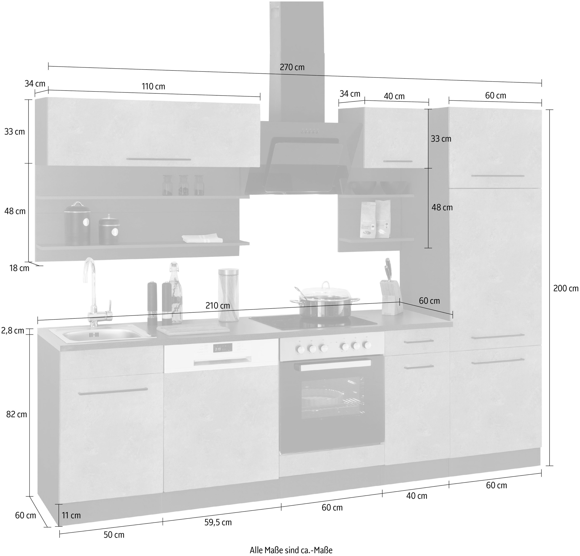 KOCHSTATION Kitchenette »KS-Tulsa« sans appareils électriques, largeur 270 cm, poignées métalliques noires, façades MDF