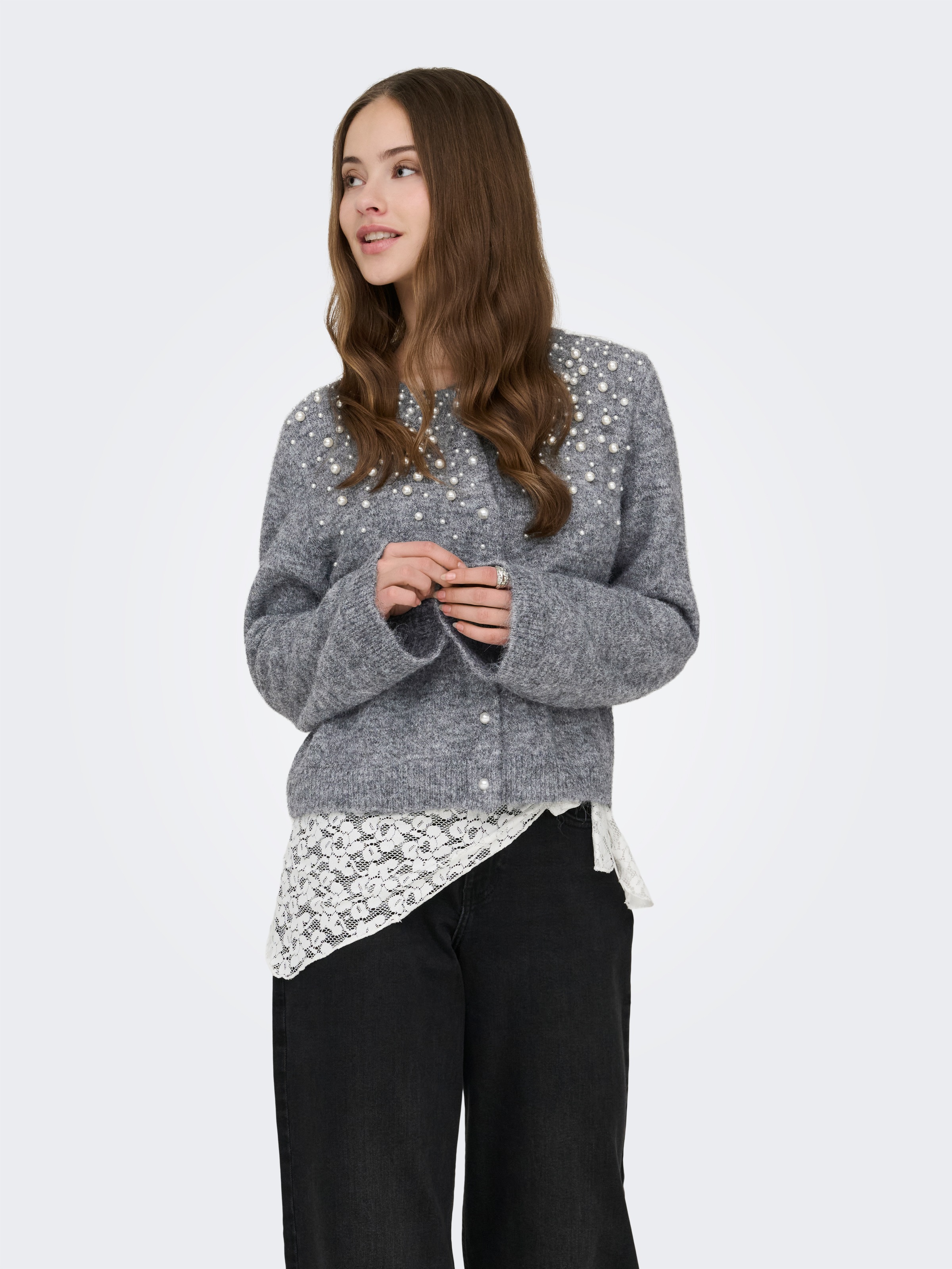 ONLY Veste en tricot »ONLMIGGIE LS O-NECK PEARL CARDIGA EX KNT« Materialmix, regular fit