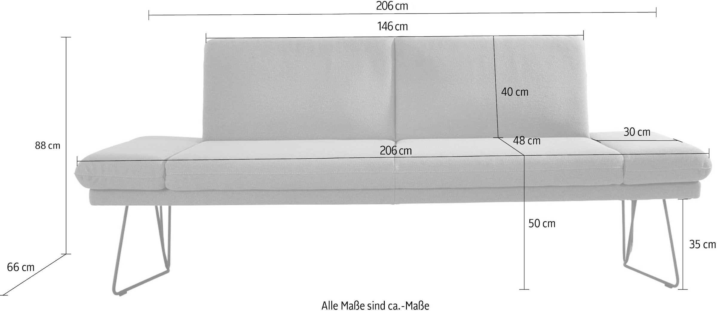 K+W Komfort & Wohnen Banc de salle à manger »Pego Polsterbank« réglage des côtés, au choix en 206 ou 226cm, revêtement cuir véritable