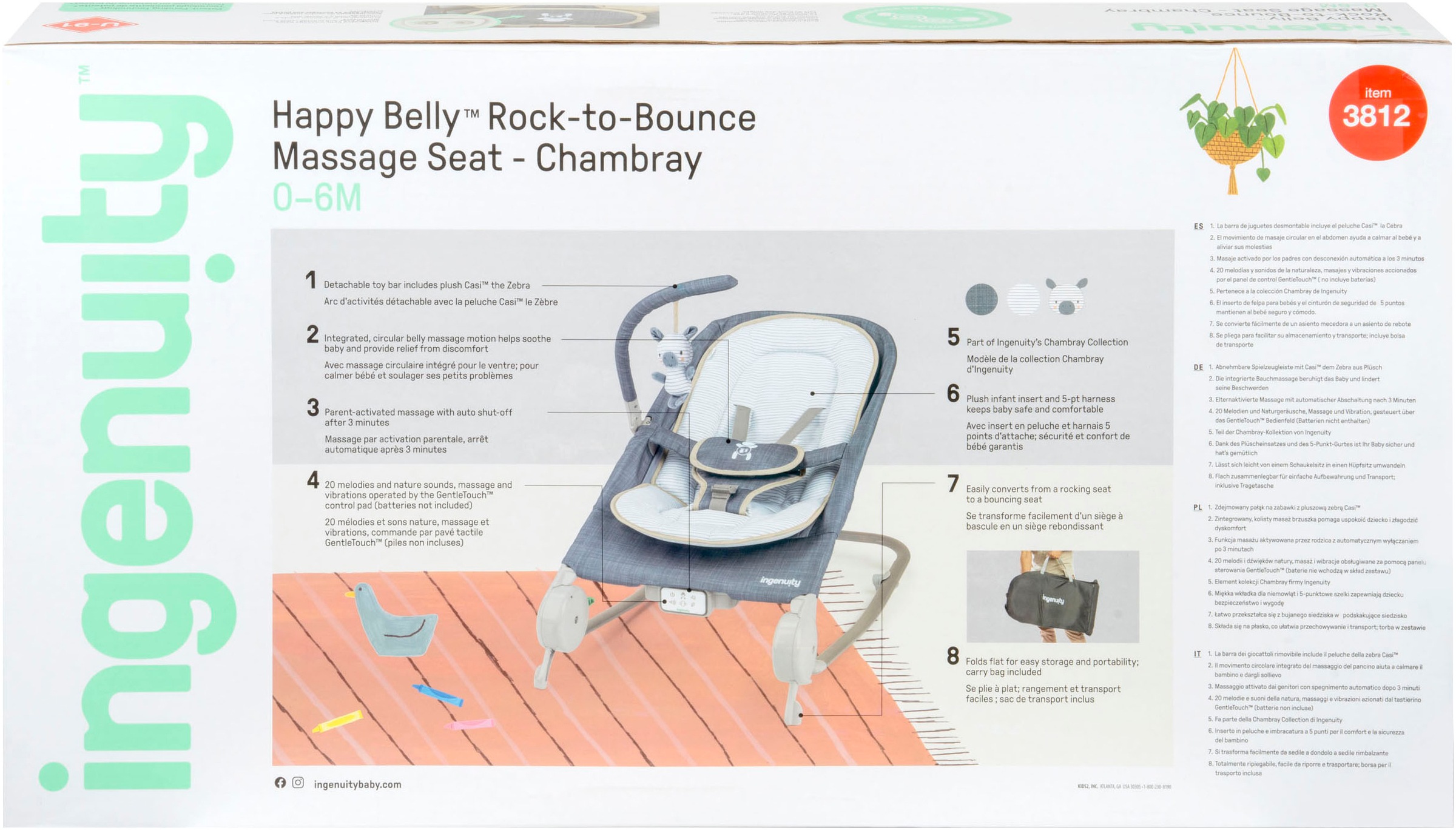 ingenuity Babywippe »Happy Belly™ Rock-to-Bounce Massage Seat - Chambray« bis 9 kg mit Melodien und Geräuschen