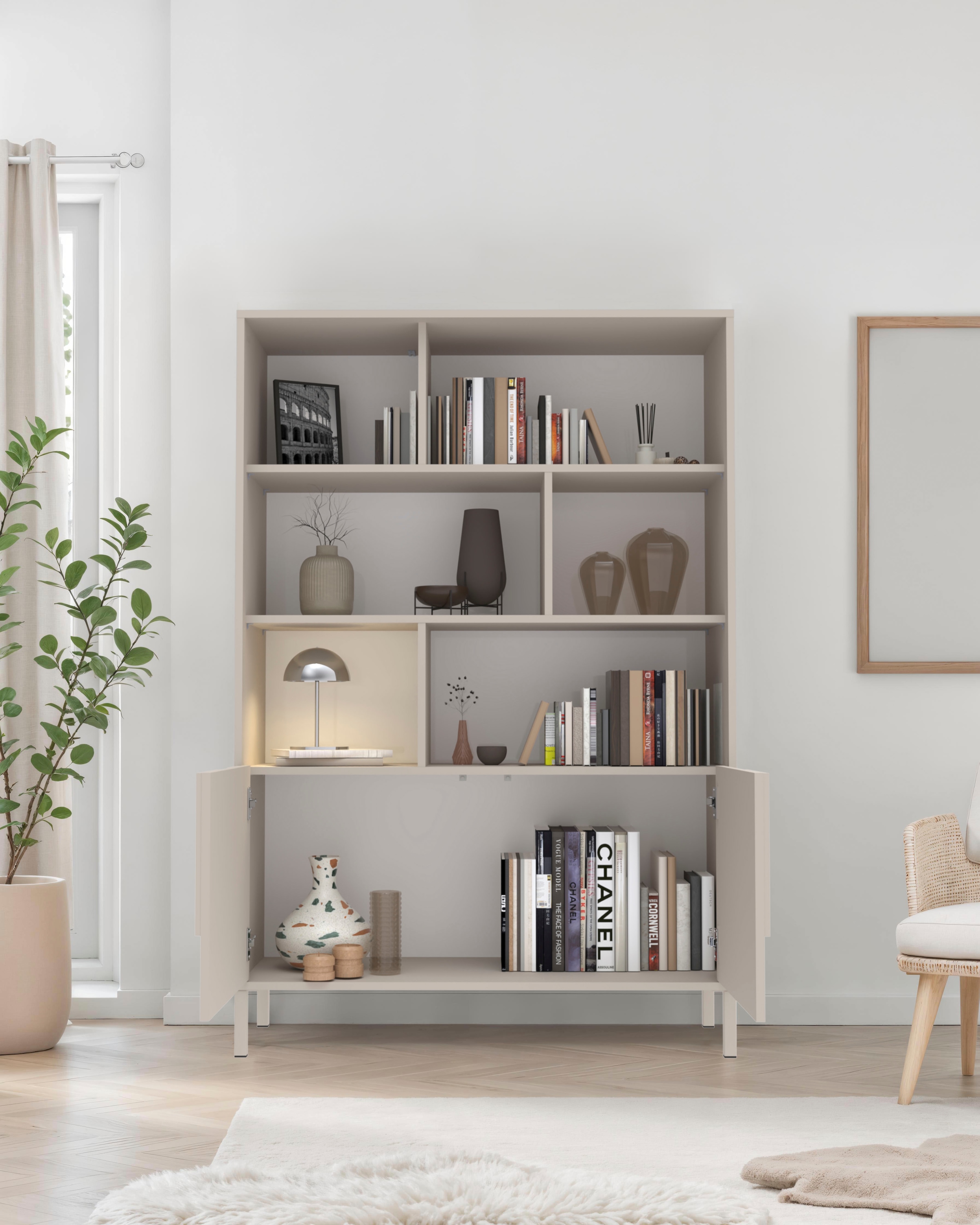 INOSIGN Highboard »Stone, H 155/141, B 105 cm, 2 Türen, 6 offene Fächer, Regal-Schrank« 3D-Design, Push-to-open, Stauraum dekorativ & praktisch, Füsse wählbar