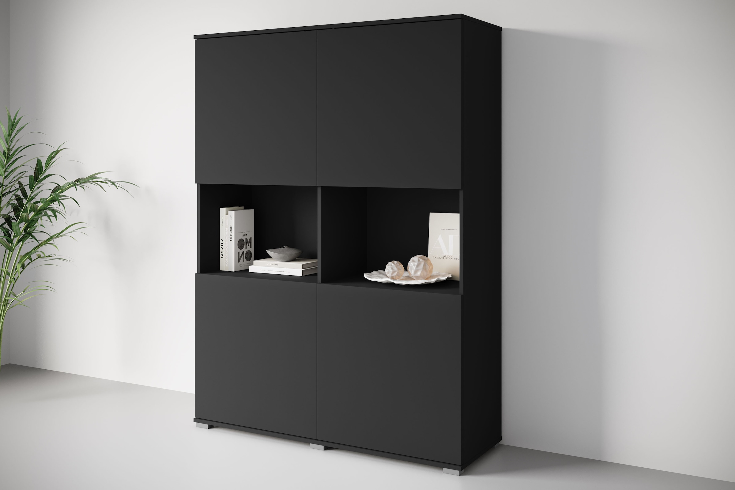 GOODproduct Buffet haut »Kenia Schrank, 120 cm breit, mit 4 Türen und 2 offenen Fächern« 1 cuis tlg. Design sans poignées avec push-to-open et étagères réglables