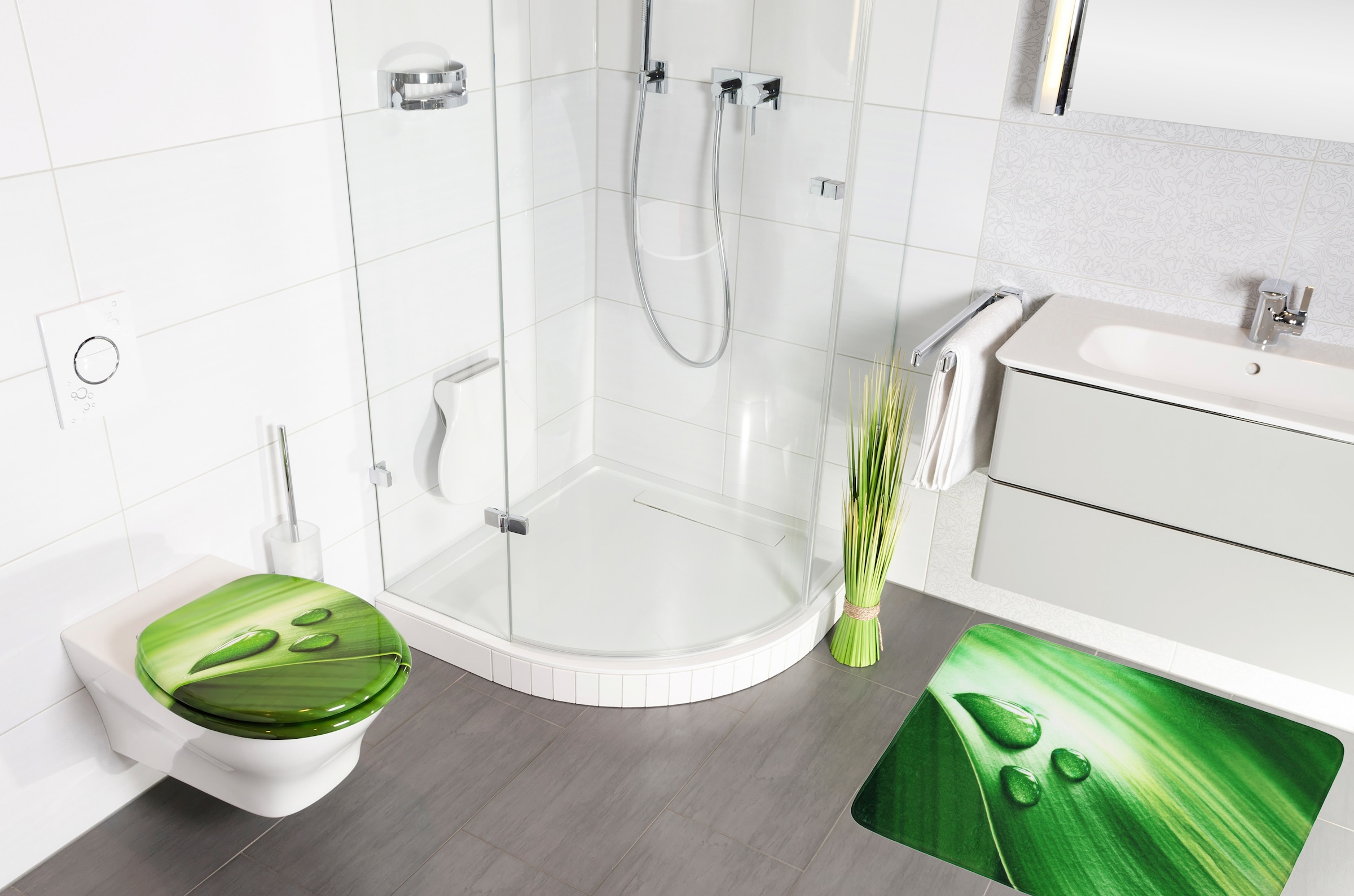 Sanilo Set d'accessoires de salle de bain »Green Leaf« bestehend aus WC-Sitz, Badteppich und Waschbeckenstöpsel