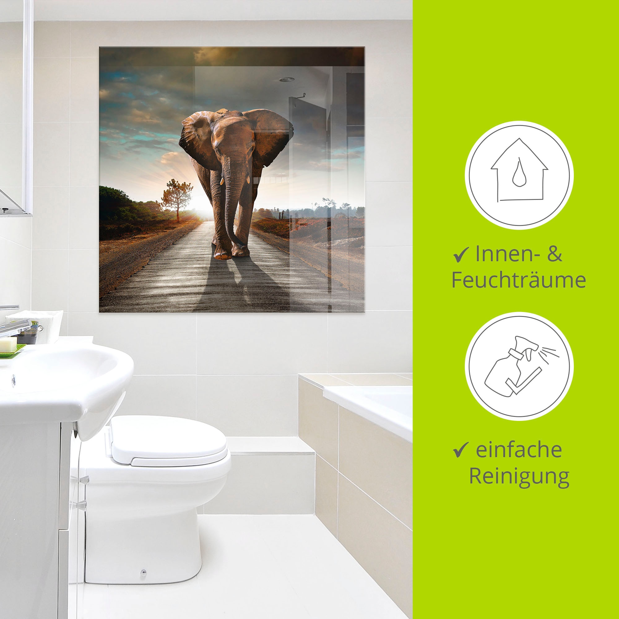 Artland Tableau en verre »Ein Elefant läuft auf der Strasse« 1 cuis tlg. in verschiedenen Grössen