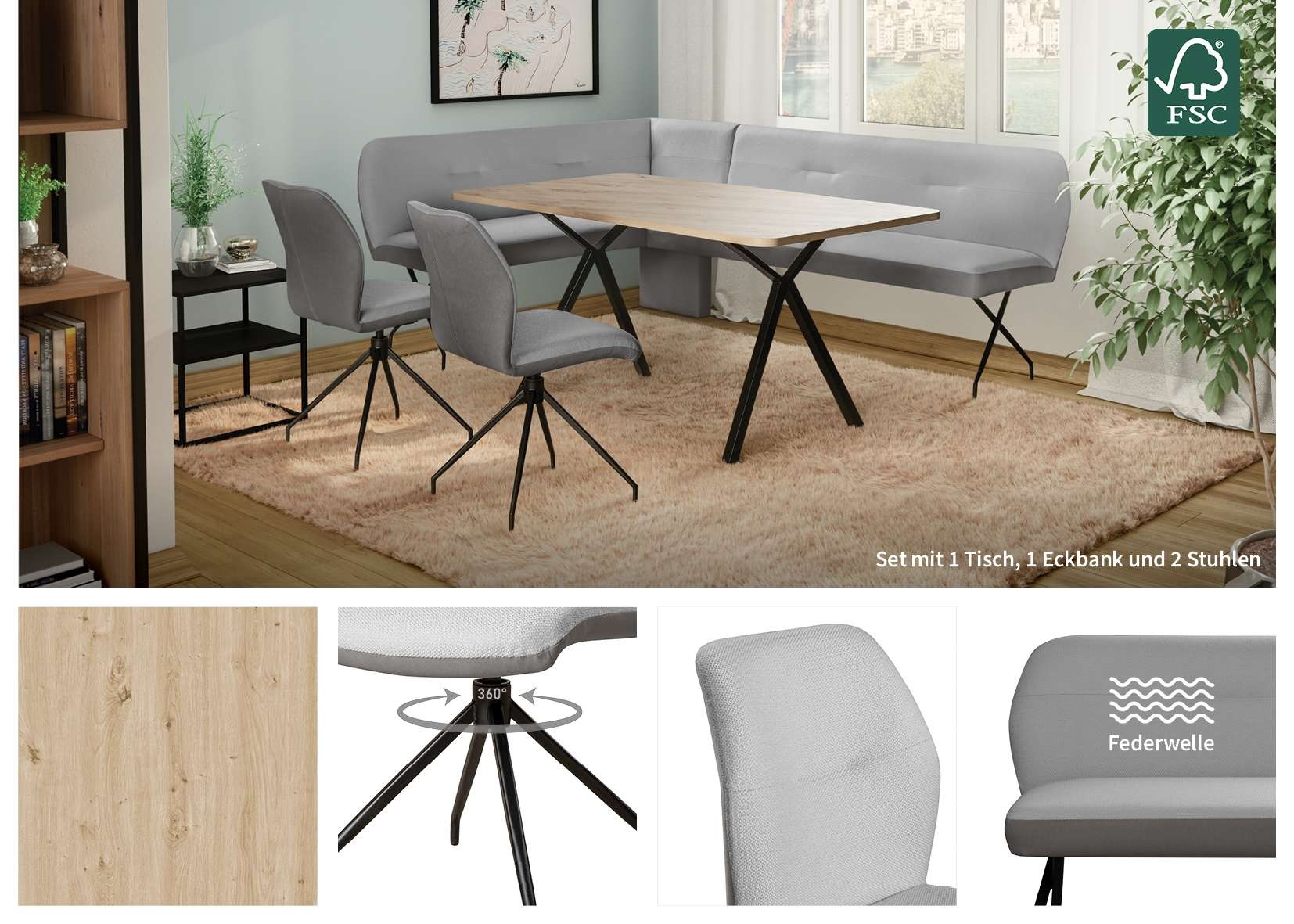 GOODproduct Eckbankgruppe »Bruna Essecke, Sitzgruppe, Eckbankgruppe, Küchenbankgruppe« Set, 4tlg, 4 tlg. tlg. Stuhl: 360° drehbar (Rückst.), 2-Stoff-Design. Wellenfederung Eckbank