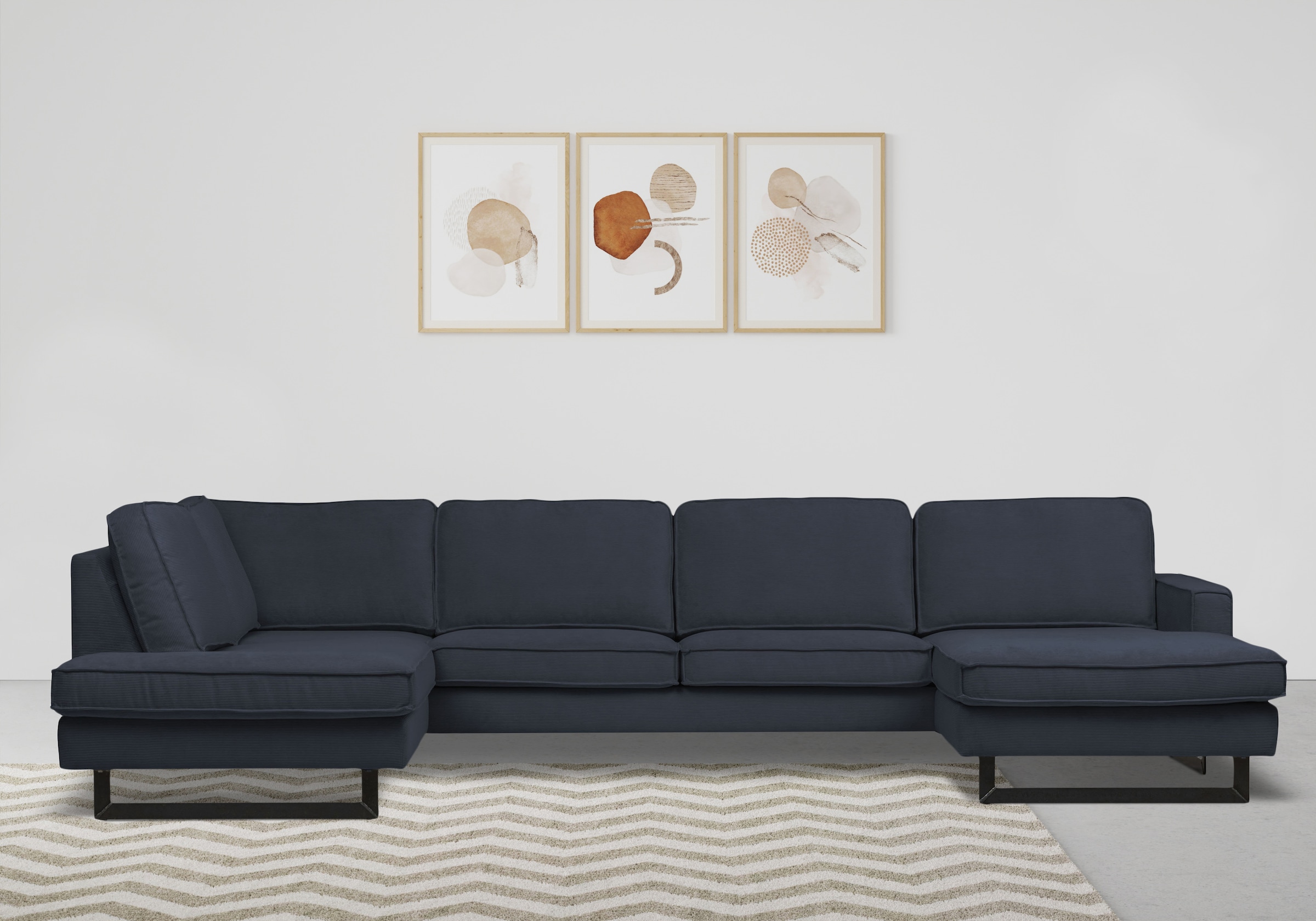PLACES OF STYLE Wohnlandschaft »Pinto, 350 cm, U-Form, XXL, mit Ottomanen« Cord, Chenille, Lederoptik, mit Keder, Metallfüsse, Wellenunterfederung