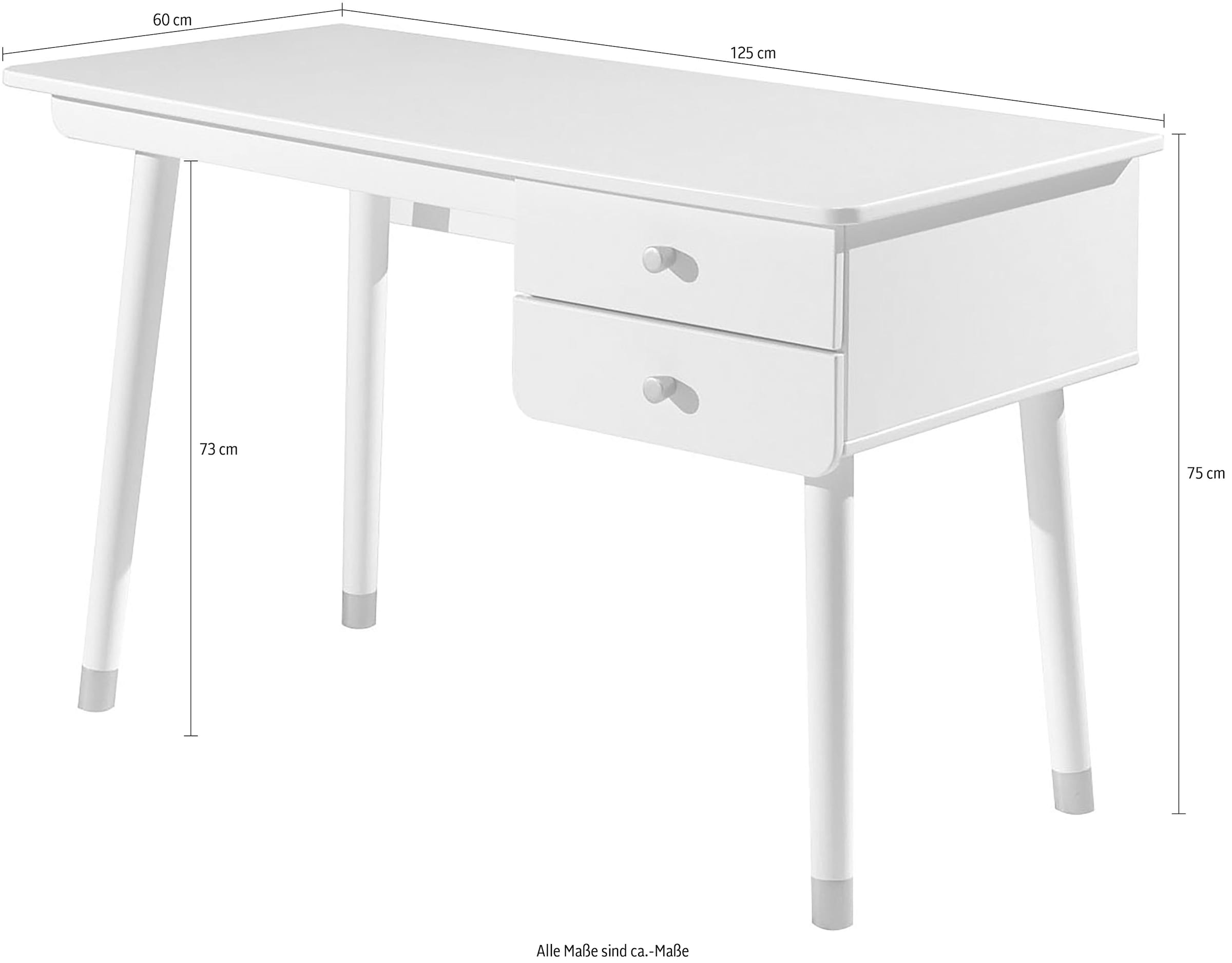 Vipack Bureau pour enfant »Billy, mit grosser Arbeitsfläche und 2 Schubladen für Schreibutensilien« L/H/P env. 125x60x75,2 cm, look moderne avec façade de tiroir arrondie,  Boutons couleur or, corps en MDF laqué blanc
