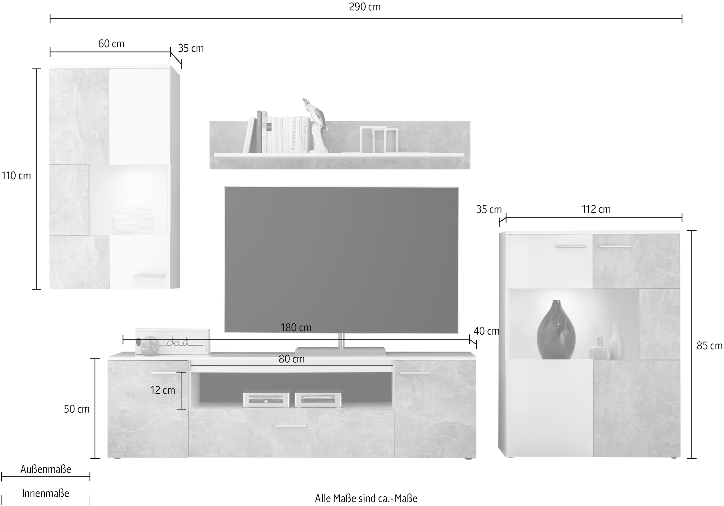 HBZ Wohnwand »Vulcan inkl. LED-Beleuchtung Weiss-Beton, BxHxT 290x194x40 cm« Set, 4 Stk. tlg.