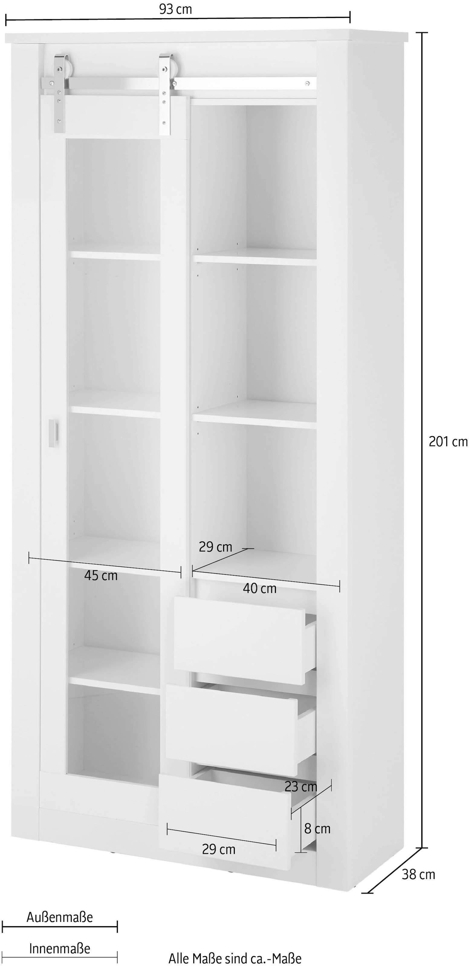 Home affaire Vitrine »Daytona, moderner Hochschrank, Glasvitrine in Weiss Hochglanz« mit Schiebetürenbeschlag in Chrom-Optik, ausreichend Stauraum