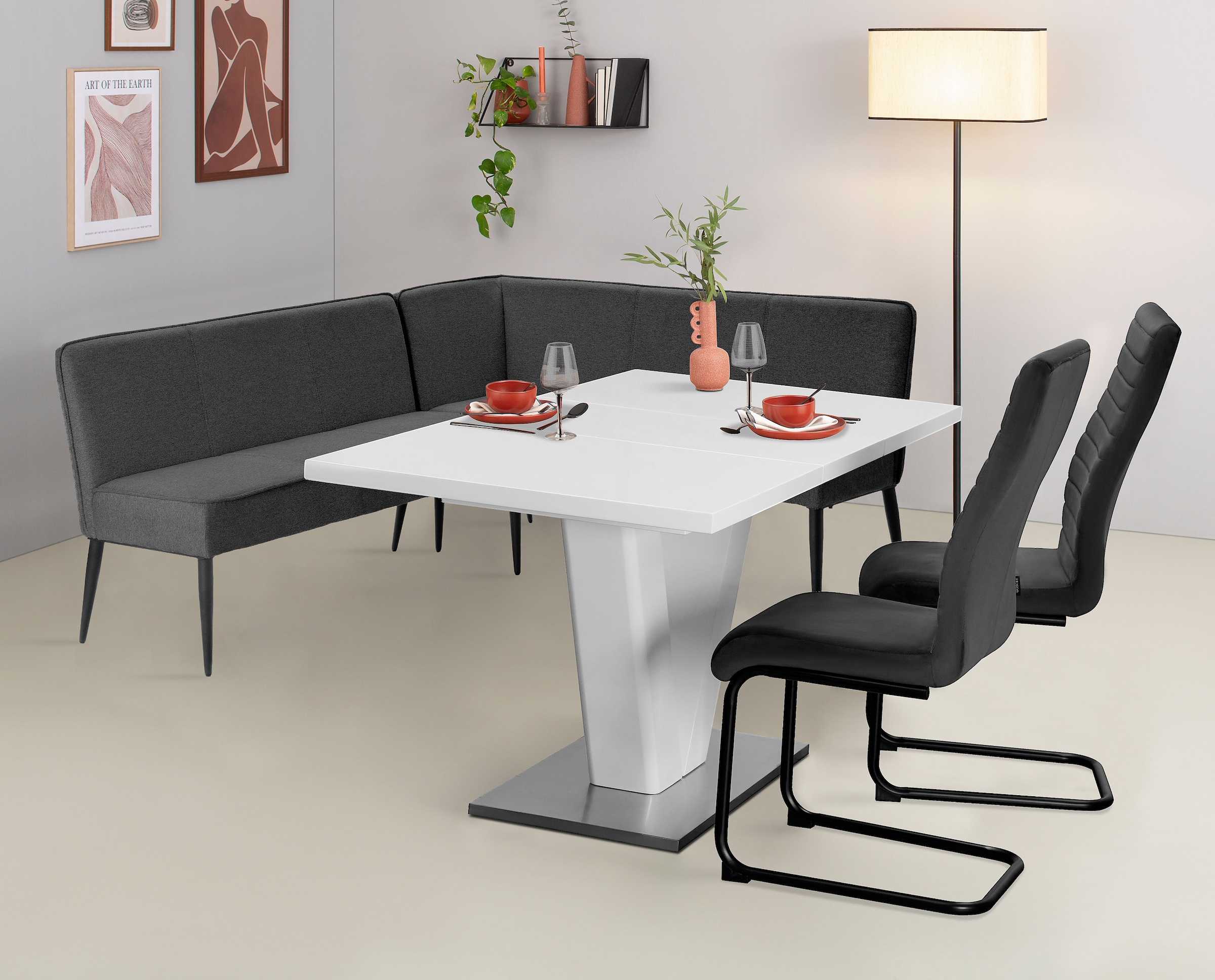 GOODproduct Banc d'angle »Lenzrose,« Esszimmerbank, Bank,,  mit Taschenfederkern, schwarzes Metallgestell, Breite 202 cm