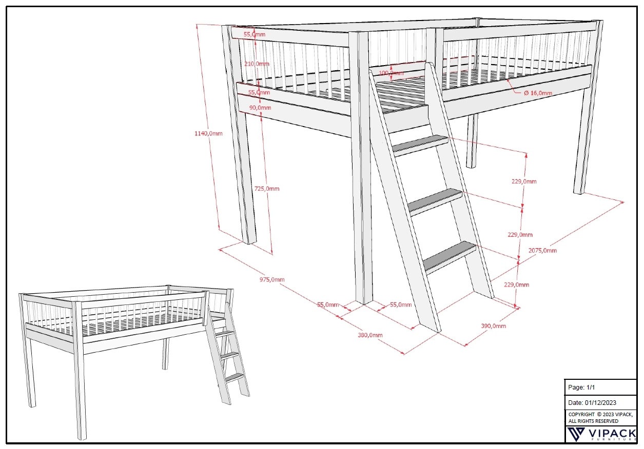 Vipack Spielbett »Forrest halbhoch mit Leiter und Absturzschutz in Sprossen-Optik« Liegefläche 90/200cm inkl. Massivholz Rolllattenrost,  ideal für das Kinderzimmer, Buche massiv natur lackiert