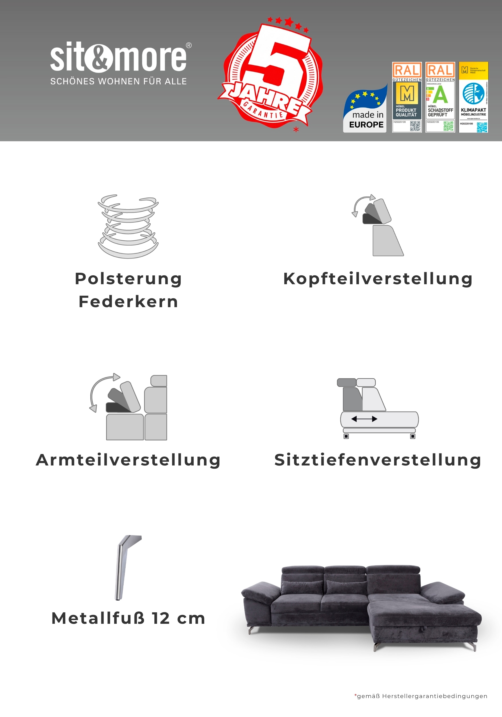 sit&more Ecksofa »Cabrio L-Form, B: 274 cm, mit Sitztiefen-, Arm- & Kopfteilverstellung« 3 Nierenkissen, Federkern, optional Schlaffunktion und Stauraum