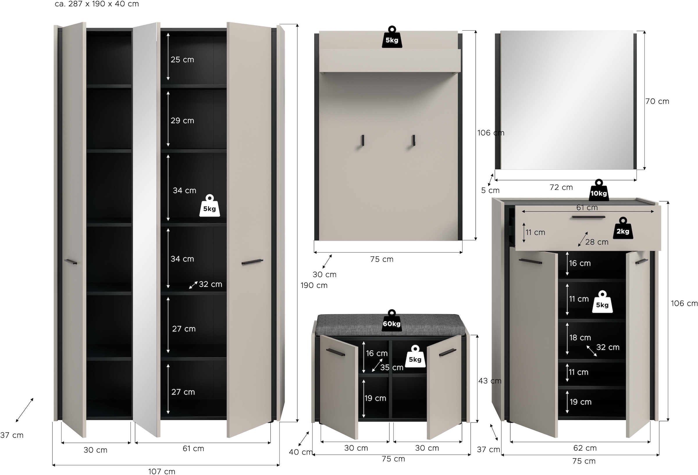 Home affaire Ensemble de vestiaires »RAK, 6-teilige Garderoben-Kombi inkl. Sitzkissen, Breite ca. 287 cm« Garderobenschrank, Sitzbank, Garderobenpaneel, Schuhkommode, Spiegel, 6 cuis tlg.