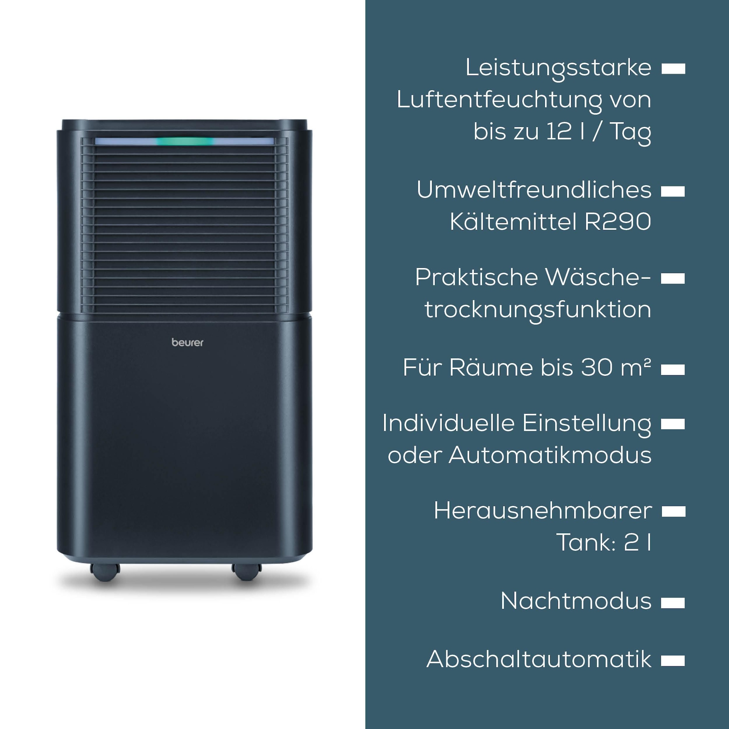 BEURER Déshumidificateur d'air »LE 150, leistungsstarke Entfeuchtung bis zu 12 Liter pro Tag« Entfeuchtung 12 l/Tag Tank 2 l Mit Automatikmodus, Einstellung der Wunschluftfeuchtigkeit, Nachtmodus
