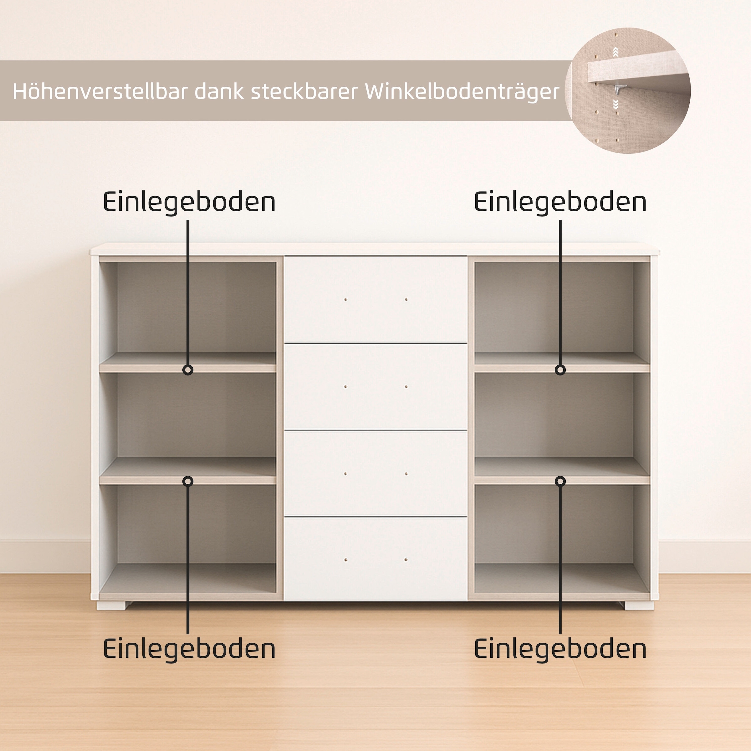 GOODproduct Kombikommode »Kommode Sideboard Schubladenkommode Schlafzimmerkommode OTELI« Breite 120 cm inkl. SOFT-CLOSE-FUNKTION, mit moderner Dekor-Front,  vier grosse Schubladen und 2 Türen, mit 4 Einlegeböden MADE IN GERMANY