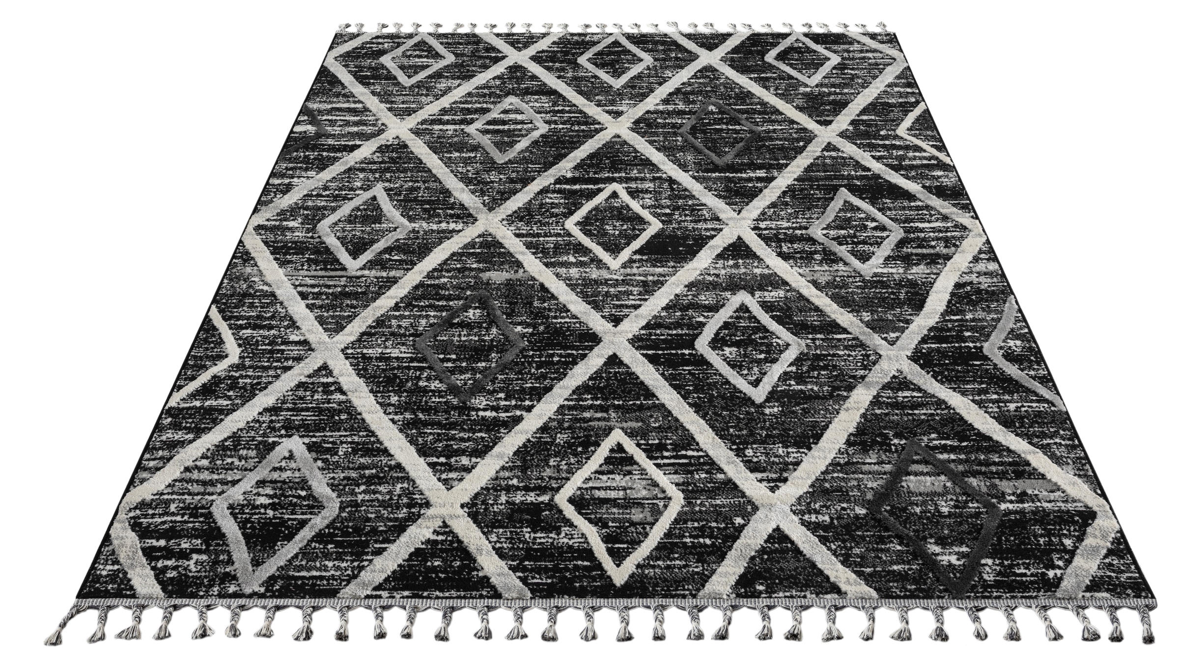 my home Tapis »Otilie« Rectangulaire 11 mm Höhe dichte Qualität, Woll-Look, Boho, mit Fransen und Rauten, Scandi