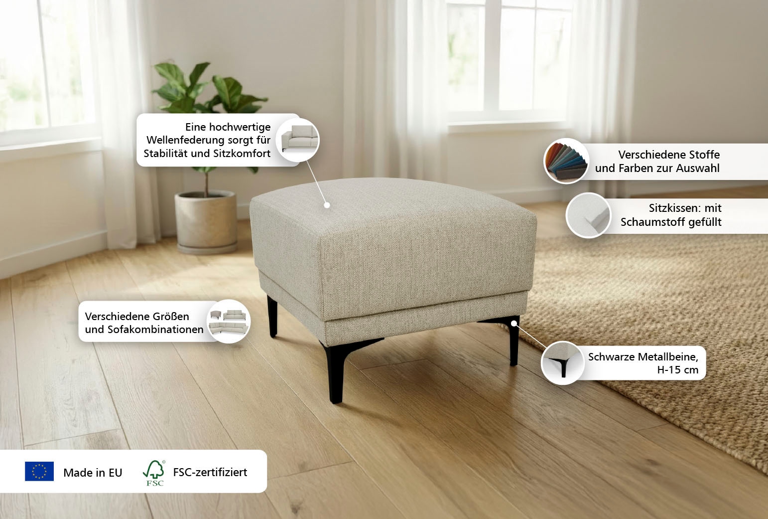 GOODproduct Polsterhocker »Xander« 1 Stk. tlg. Breite 58 cm, Soft-Touch Chenille, schwarze Metallfüsse