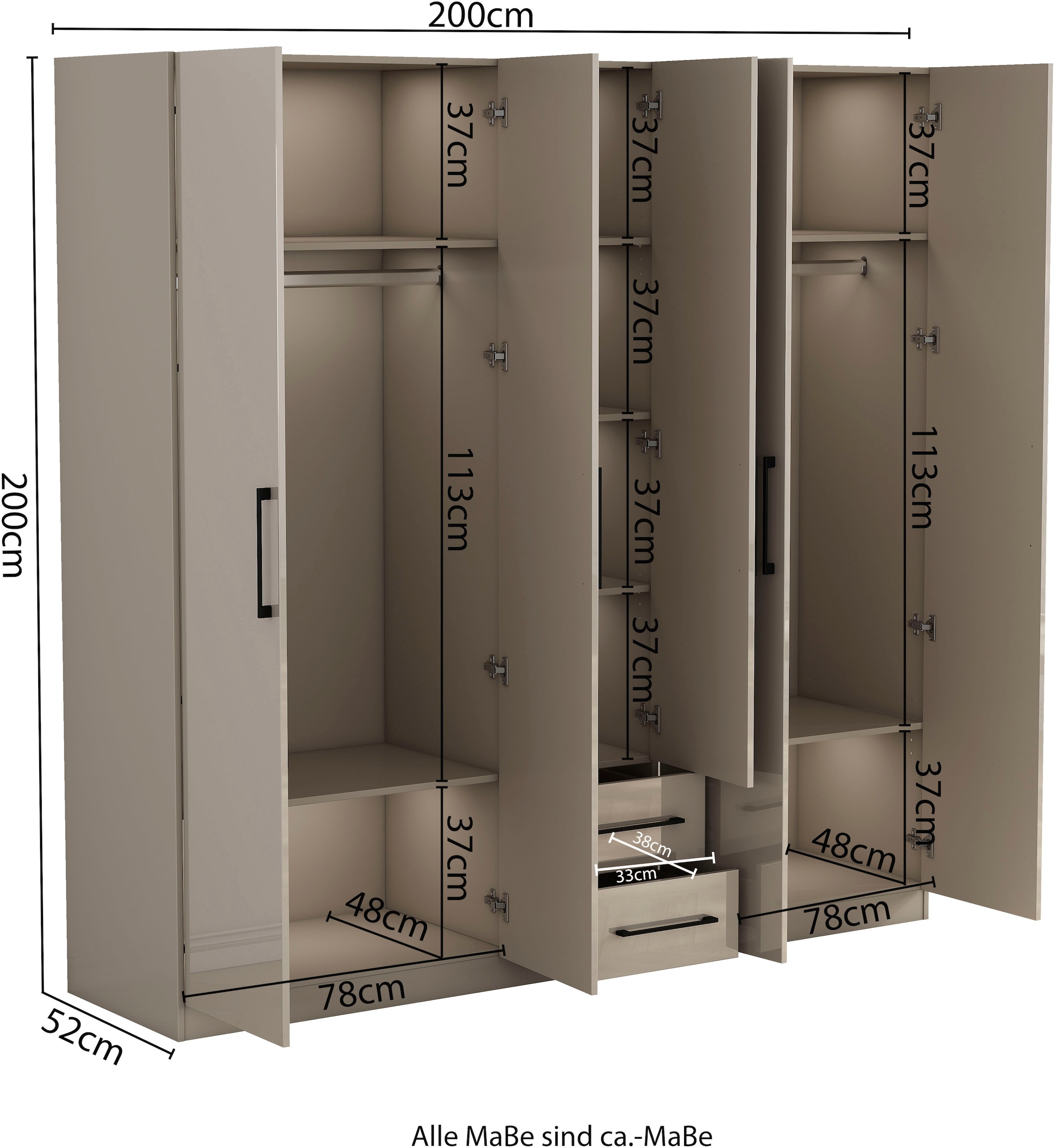 GOODproduct Armoires à vêtements »Sylt Schlafzimmerschrank Garderobe Schrank  in hochglanz weiss« 5 portes, 2 tiroirs, poignées noires modernes, 7 étagères,  Armoire à portes tournantes avec aménagement intérieur parfait, largeur 200cm