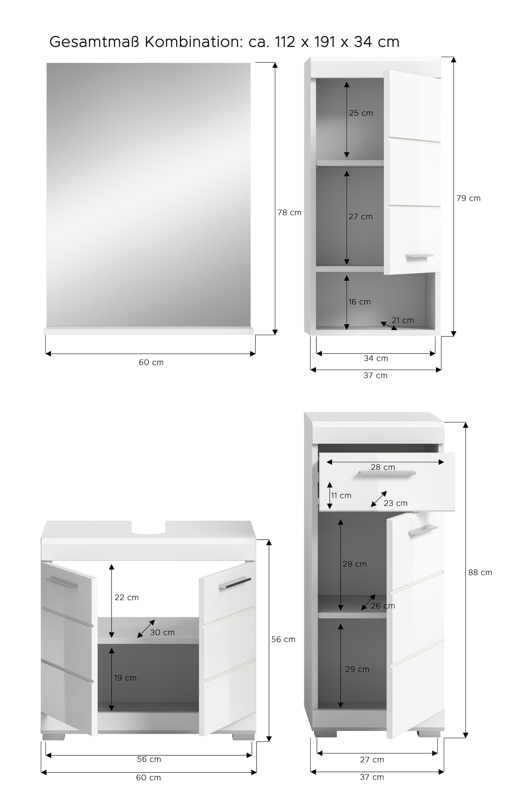 welltime Badmöbel-Set »Siena, 4 teilig, bestehend aus:« Set, TOPSELLER!, 4 Stk. tlg.