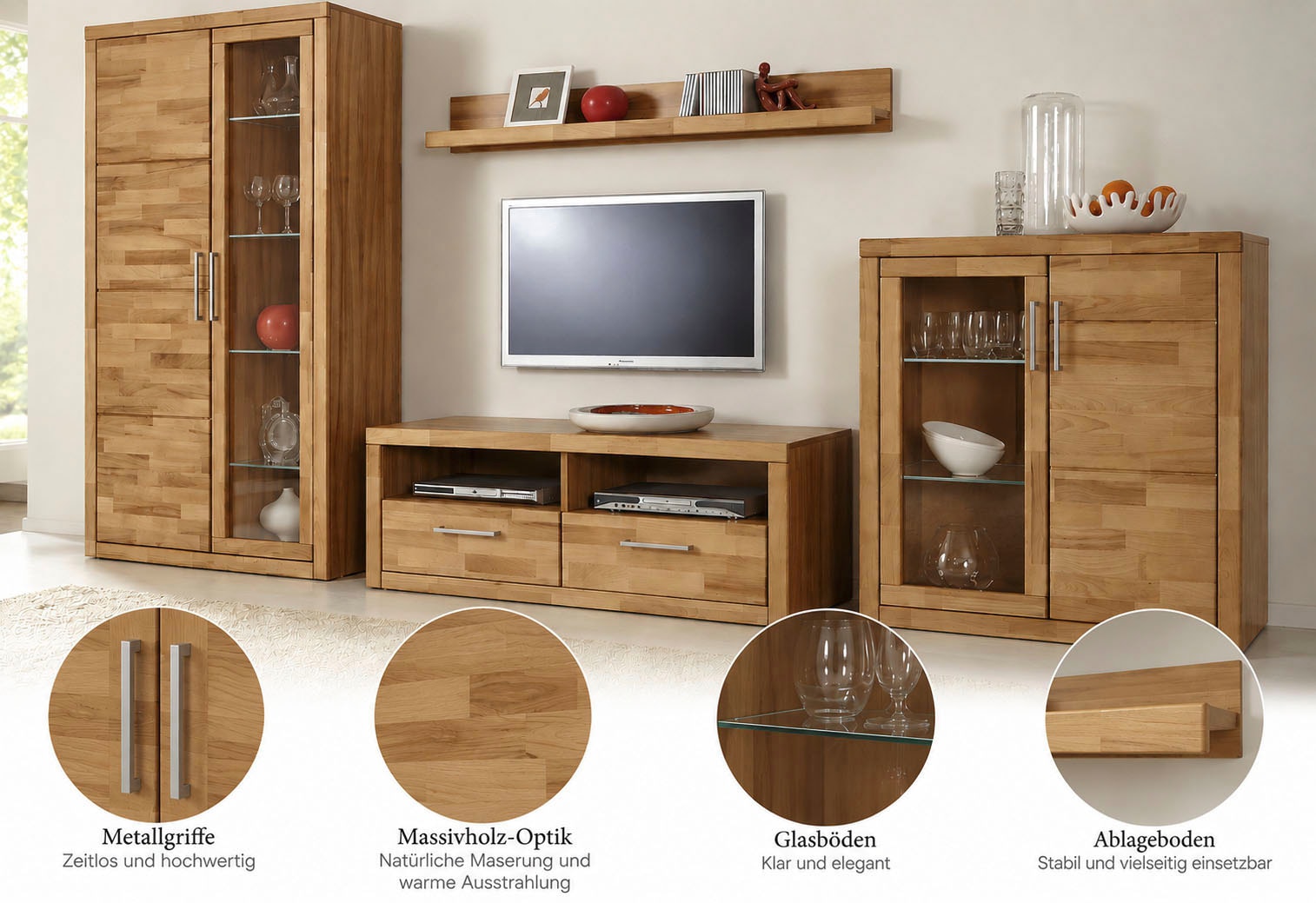 GOODproduct Wohnwand »Logo,Fronten Massivholz,Korpus Holzwekstoff,viel Stauraum« Set, 4 Stk. tlg.