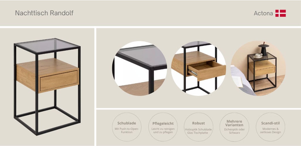 ACTONA GROUP Nachttisch »Randolf, Nachtschrank, skandinavisches Design, gehärtetes Rauchglas« Schublade in Holzoptik mit Push-to-Open-Funktion, Stahlbeine, B: 40 cm