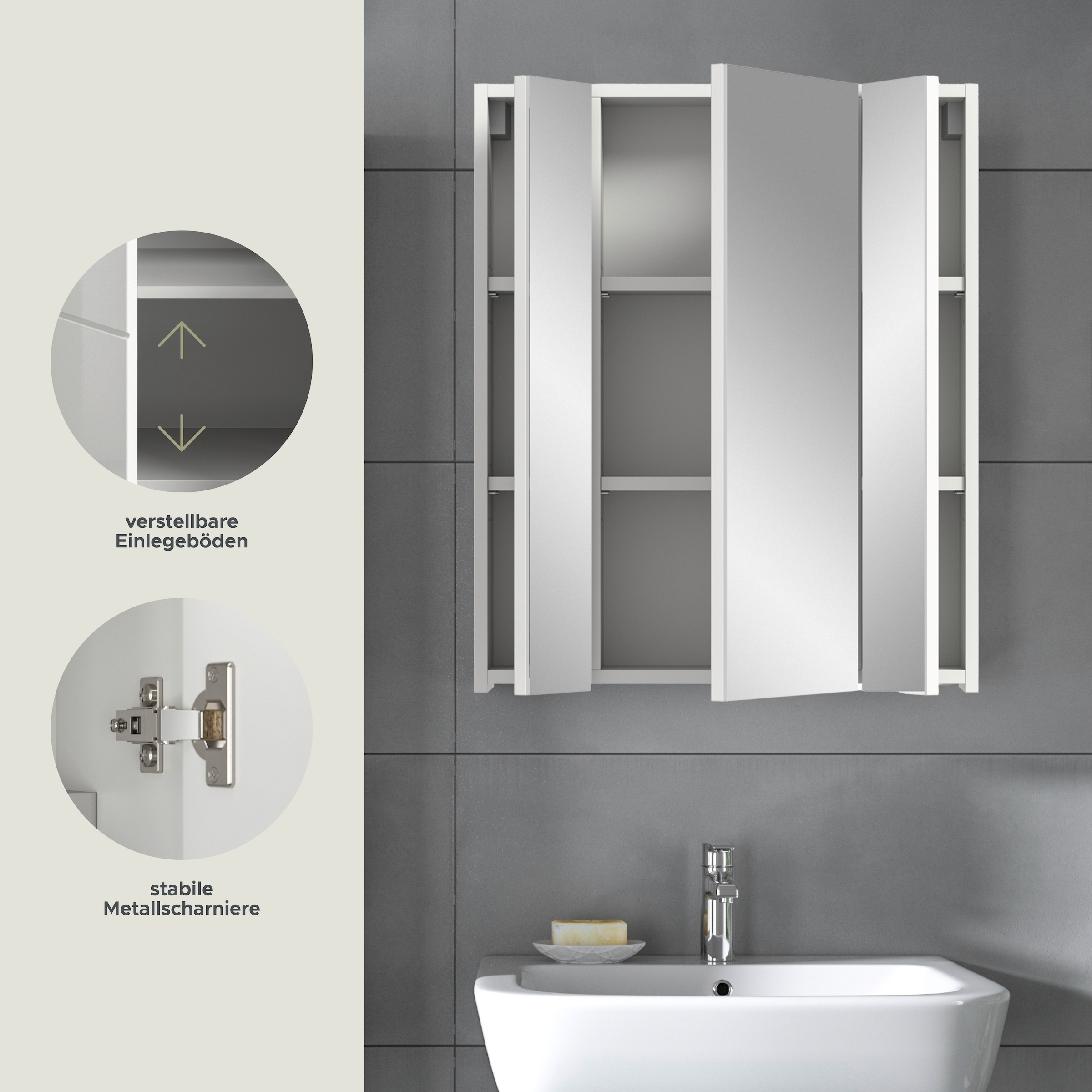 INOSIGN Spiegelschrank »Malmö, Breite 60 cm, 3 Spiegeltüren, 9 Fächer, 6 Einlegeböden« 1 Stk. tlg. in verschiedenen Farben erhältlich, Badmöbel, Spiegel, Badschrank, Bad