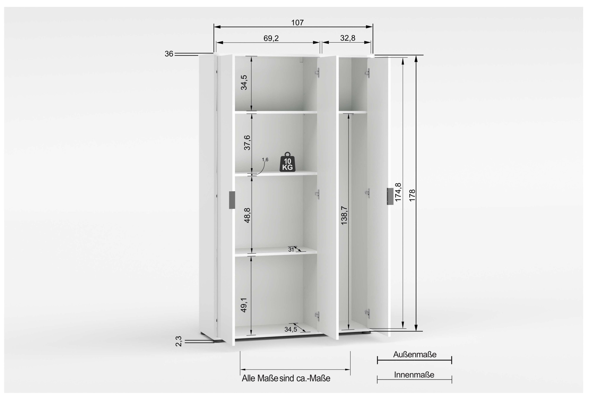 Home affaire Armoire multi-usages »JOLLY, Stauraumschrank , Breite 107 cm , Höhe 178 cm« 1 cuis tlg. 3 Türen,1 kleiner und 3 grosse Einlegeböden- Schrank hochglanz lackiert