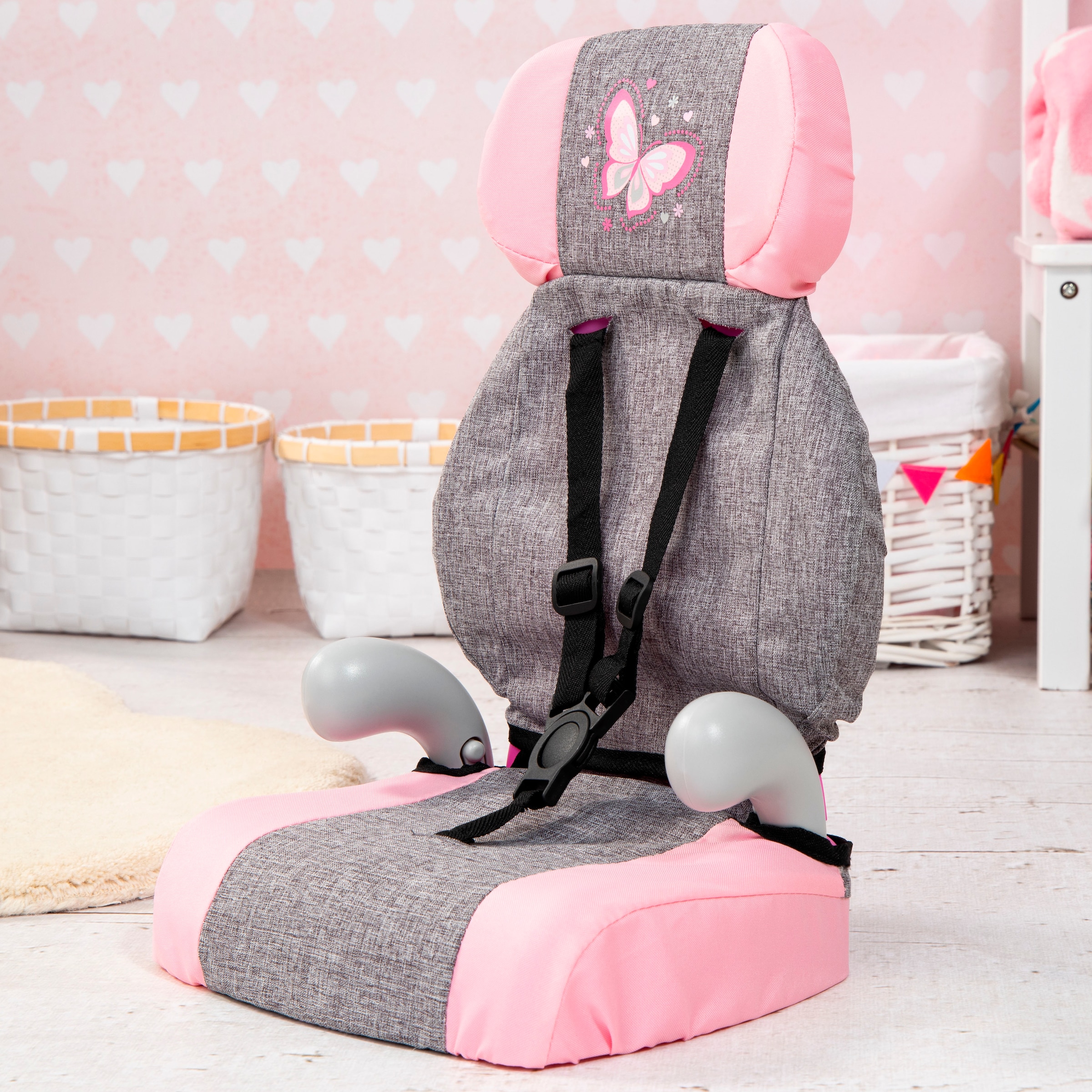 Bayer Siège de voiture de poupée »Deluxe grau/rosa Schmetterling«