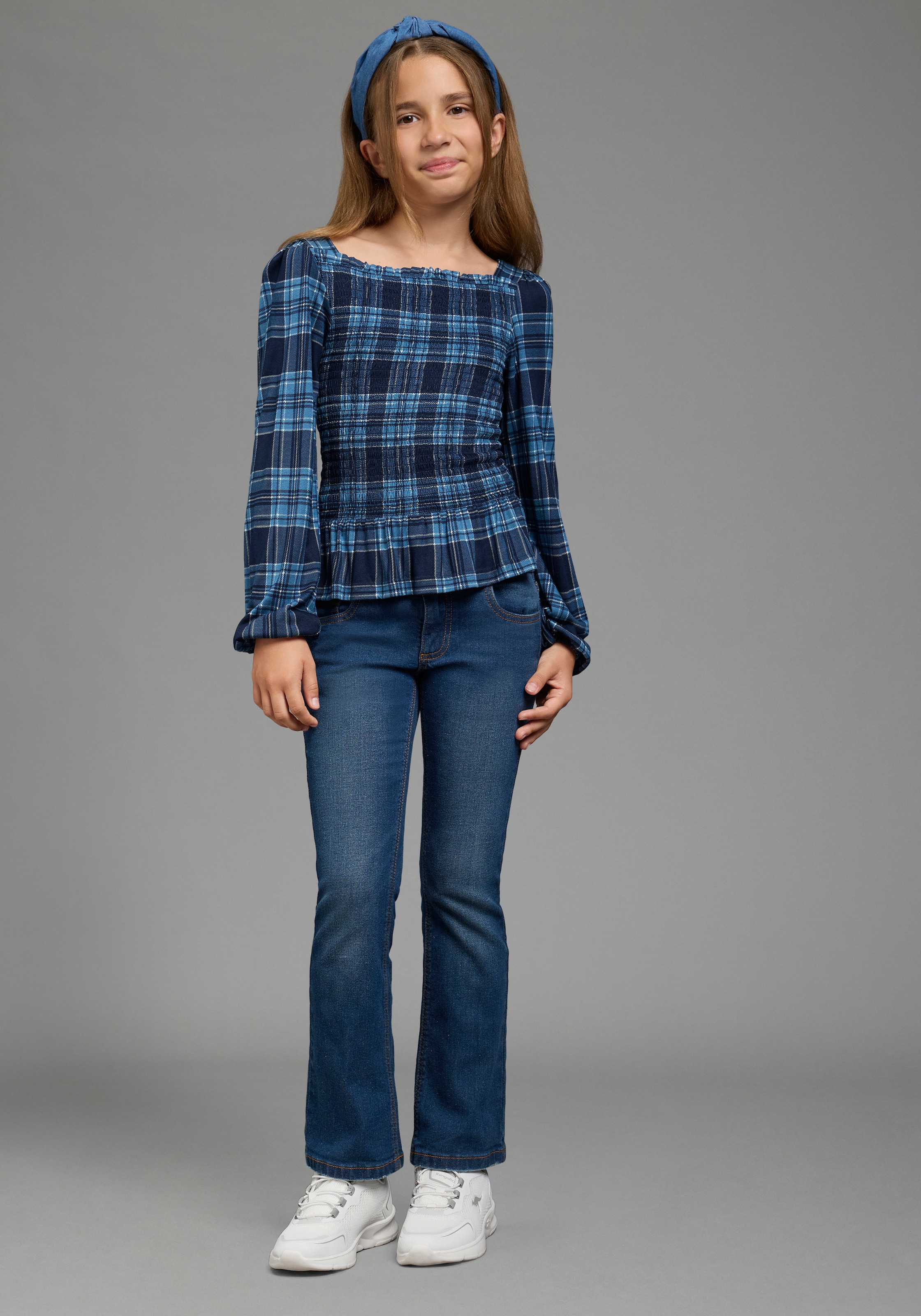 KangaROOS T-shirt à manches longues »Kariertes KangaROOS Viskose-Shirt mit Smoke-Partie« T-shirt en viscose doux avec manches bouffantes, à carreaux, bas smocké