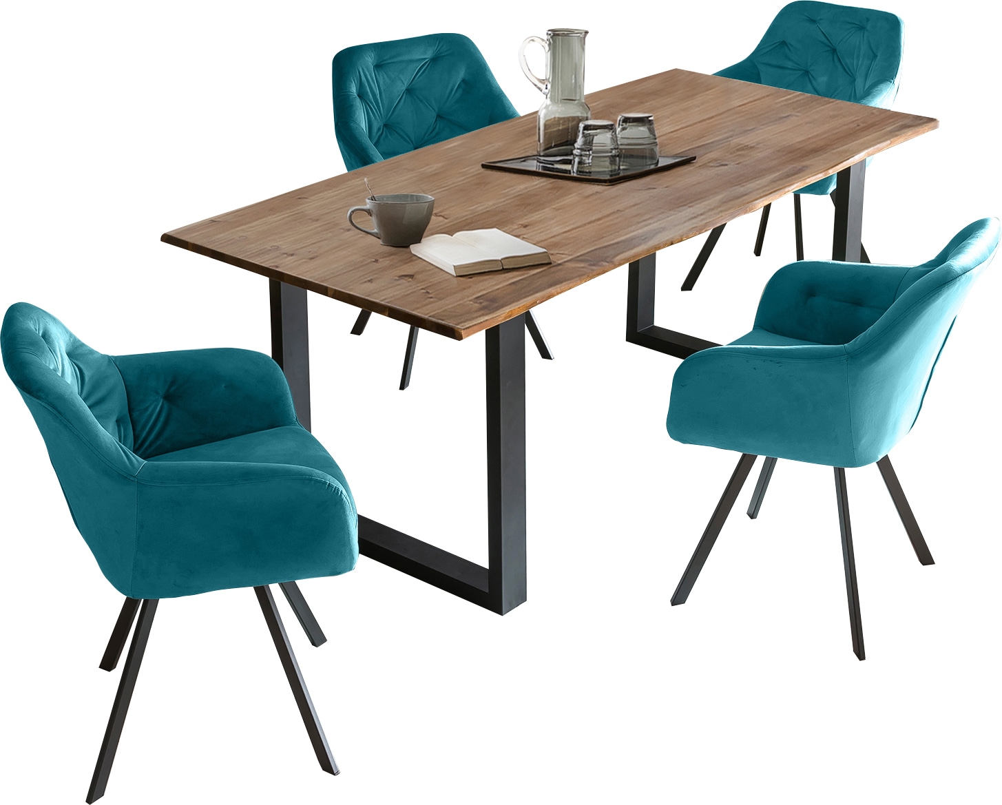 SalesFever Essgruppe »Stilvolle Essgruppe« Set, 5 Stk. tlg. 5-teilige Sitzgruppe mit 360° Drehplatte und echter Baumkante