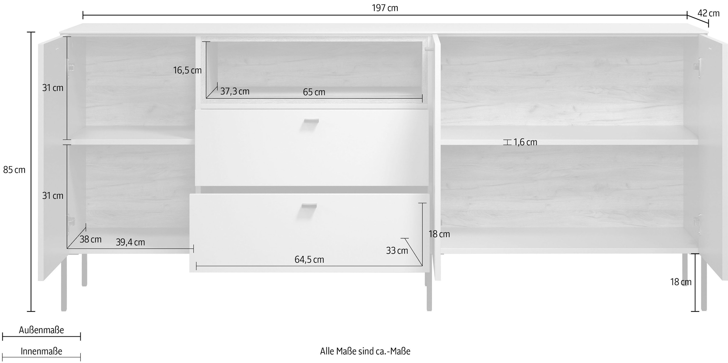 Home affaire Buffet »San Pedro« 1 cuis tlg. Anrichte mit Griffen und Füssen aus Metall - (B/T/H) 197/42/85 cm