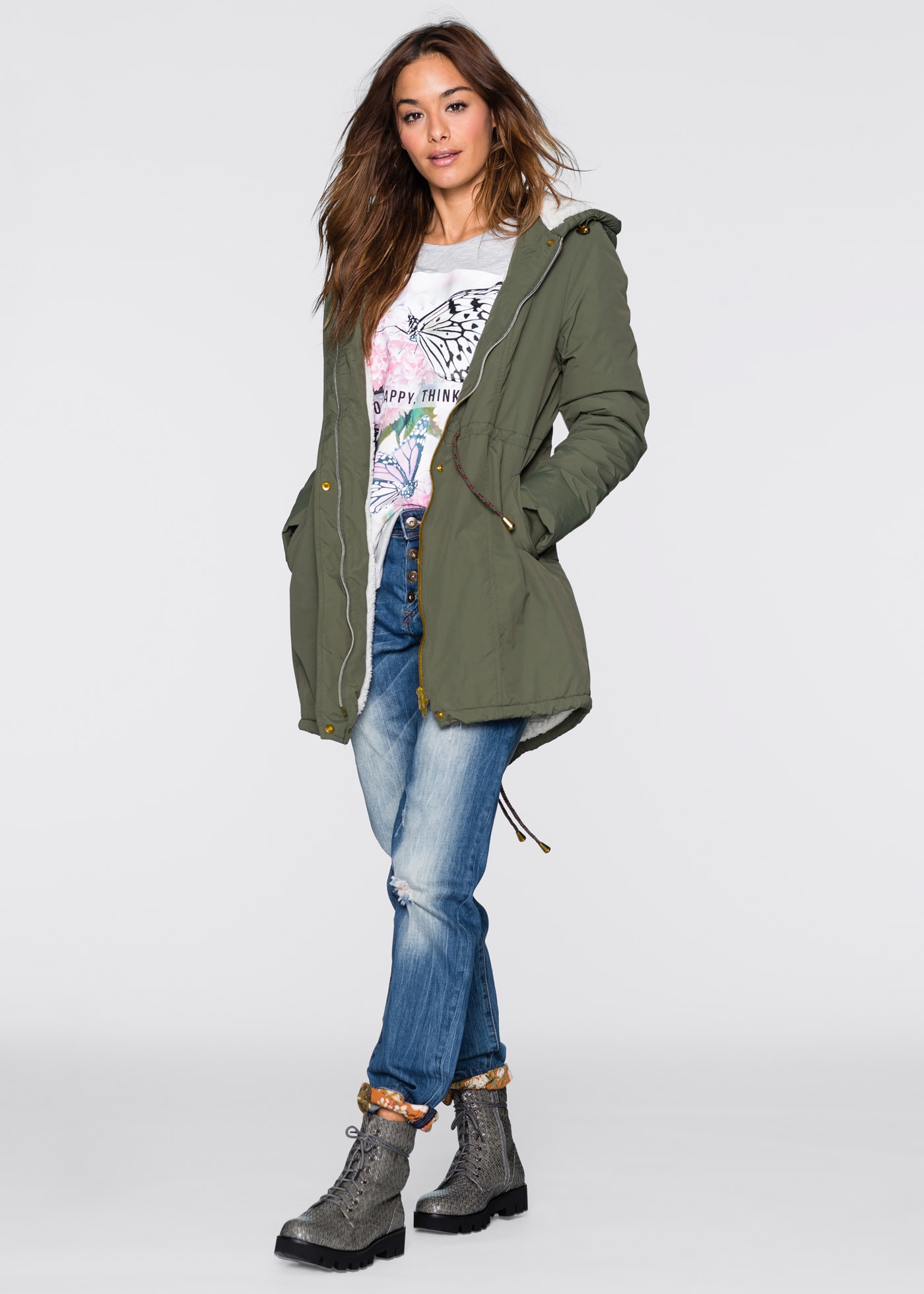 bonprix Parka mit Kapuze modischer Stil, mit Teddy-Fleece, mit Kapuze, lockere Passform