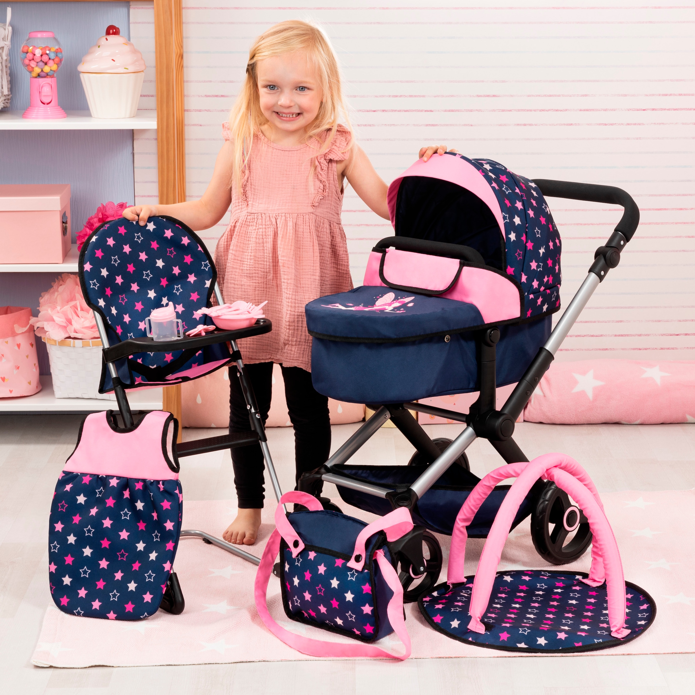 Bayer Poussette de poupée combinée »Xeo Deluxe, blau/rosa«