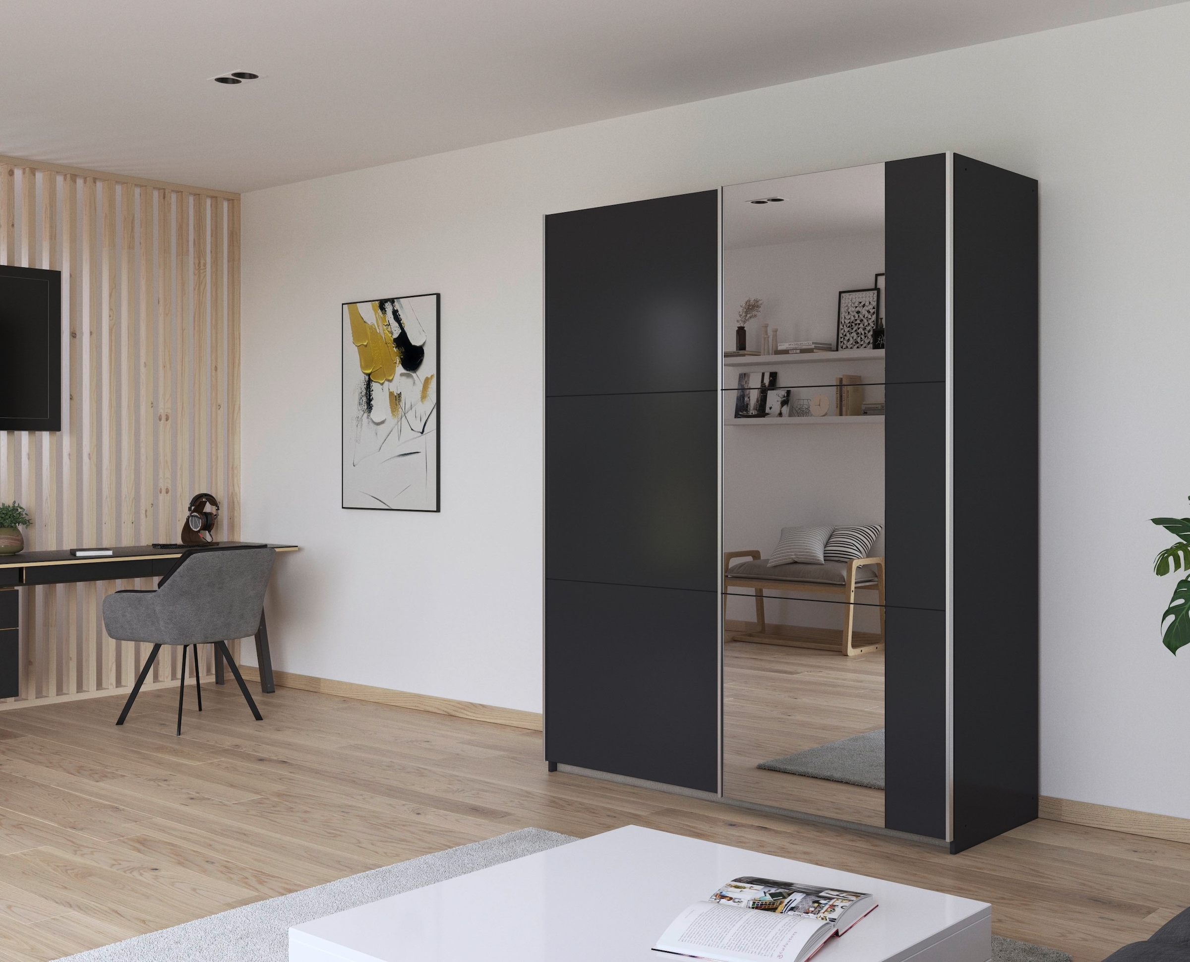 rauch Schwebetürenschrank »Kleiderschrank Drehtürenschrank Schrank Garderobe KRONACH« in 3 Ausstattungen BASIC/CLASSIC/PREMIUM, Breiten 131/175/218/261 cm,  optional ohne, mit 1 oder 2 Spiegel, viel Stauraum MADE IN GERMANY