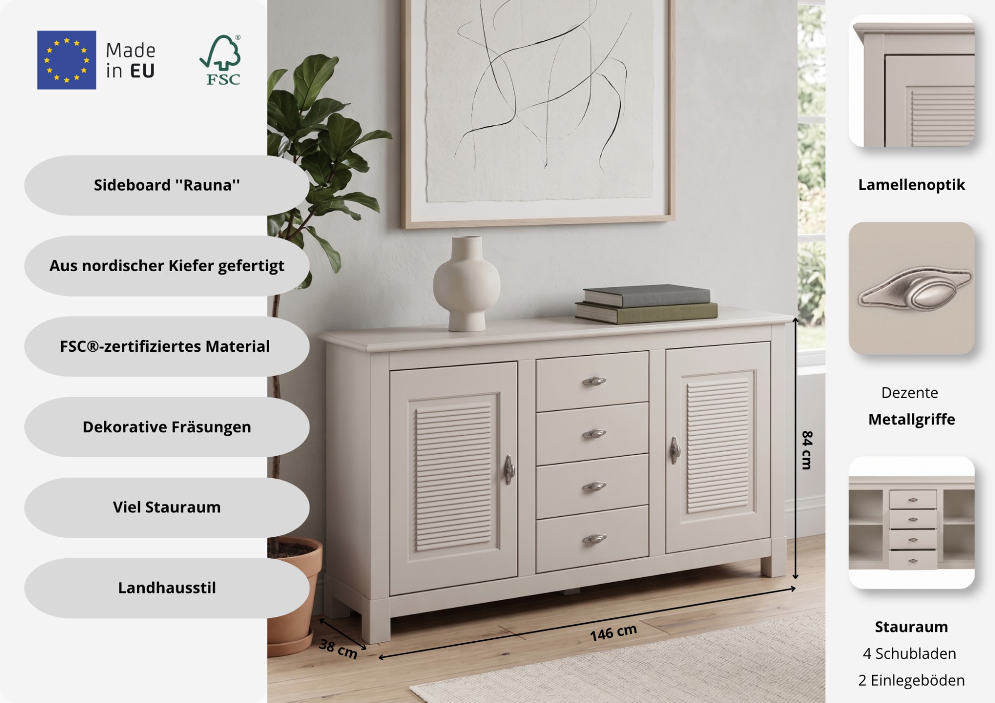 GOODproduct Sideboard »Rauna, Kommode, Landhausstil« B/T/H: 150/37/84 cm,  Kommode, FSC®-zertifiziertes Massivholz, Breite 150 cm