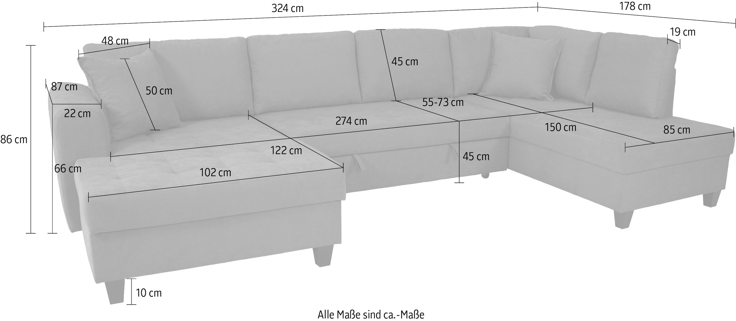 Trends by HG Paysage de salon »Moritz U-Form, B: 324 cm« mit Bettfunktion, Bettkasten & Zierkissen