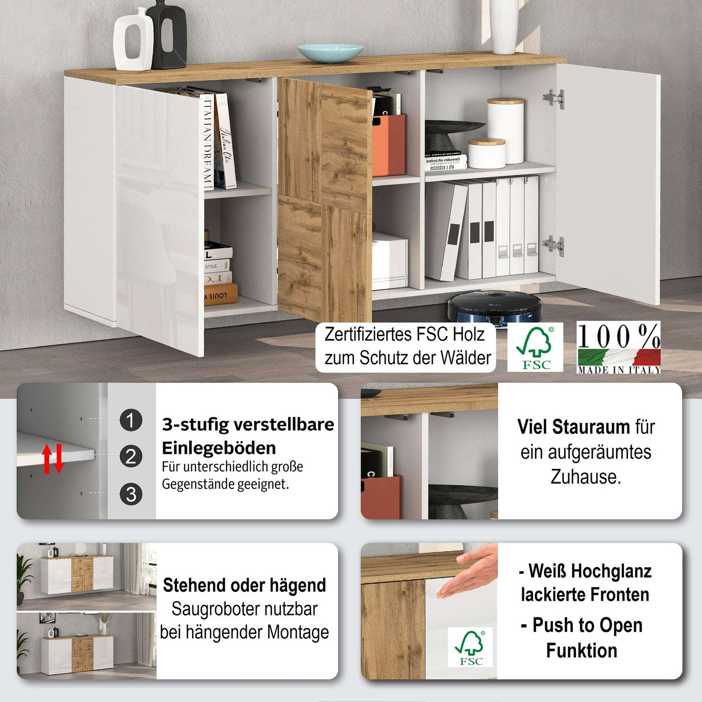 GOODproduct Sideboard »ISEO, Kommode, Schrank, Sideboard, Lowboard, 6 Fächer, Breite 150 cm« 1 Stk. tlg. stehend/hängend, 3 Türen Hochglanz lackiert, Made in Italy